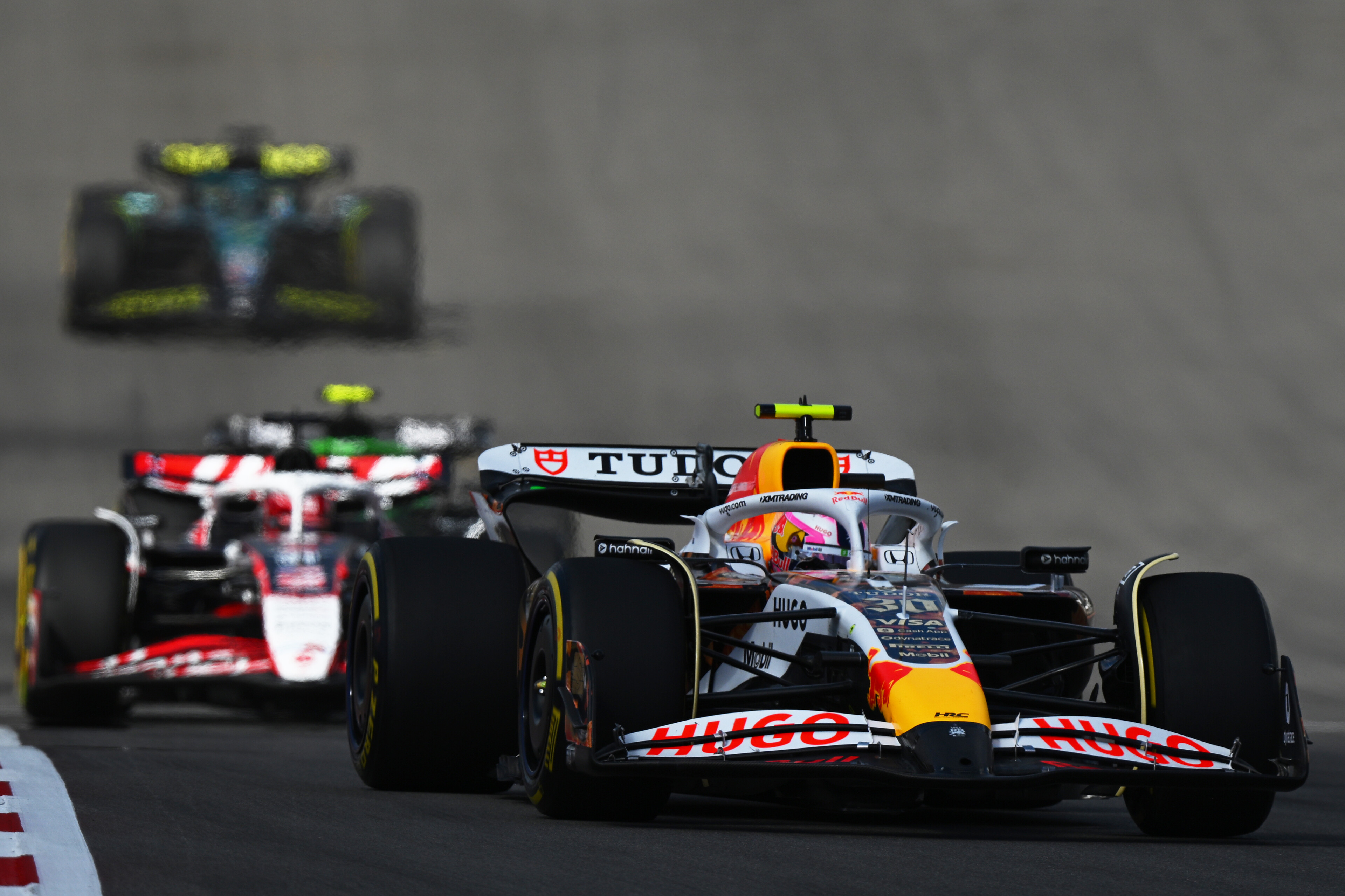 Liam Lawson leads Haas' Esteban Ocon in the US Grand Prix sprint race. Photo / Red Bull