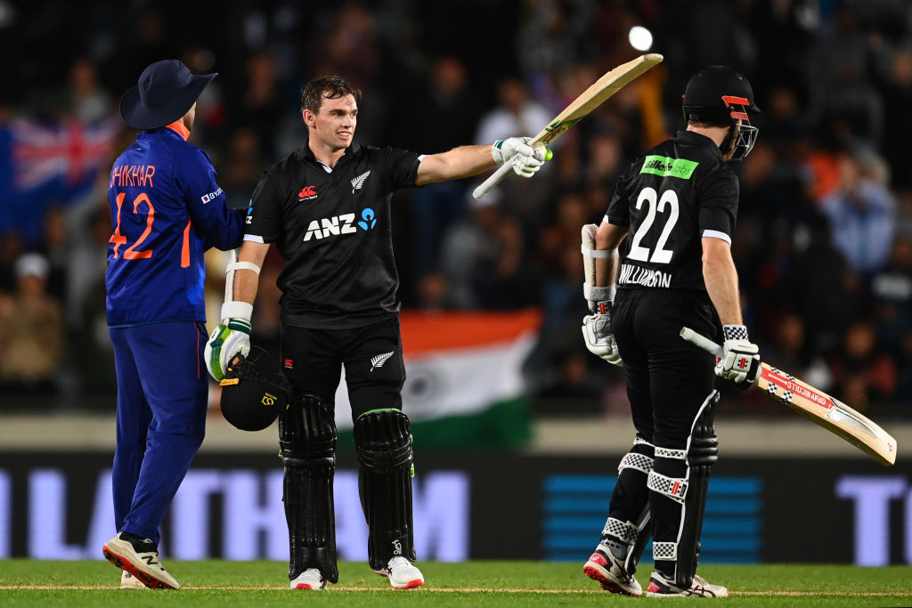 Tom Latham celebrates scoring a century against India. Photo / Getty Images