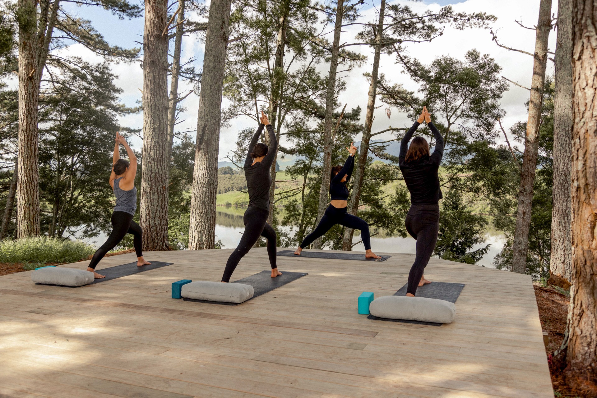 A winter retreat meant it was too cold for outdoor yoga but the lakeside spot was perfect for circuit training instead. Photo / Supplied