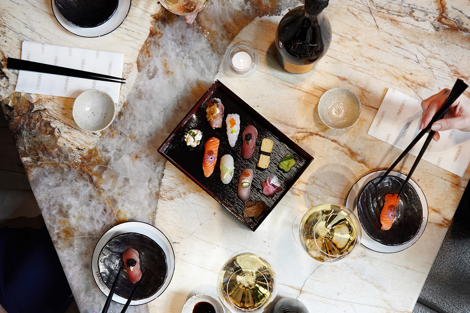 On Sundays at Faraday's Bar, Anthony Price creates nigiri boxes to pair with Veuve Clicquot's La Grande Dame 2008. Photo / Supplied