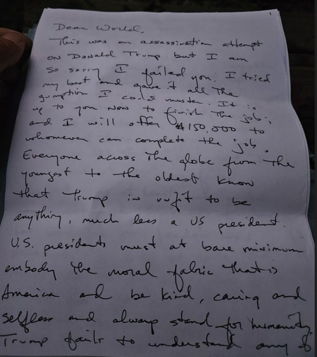 A handwritten letter alleged to be from Ryan Routh. Image / US District Court Southern District of Florida