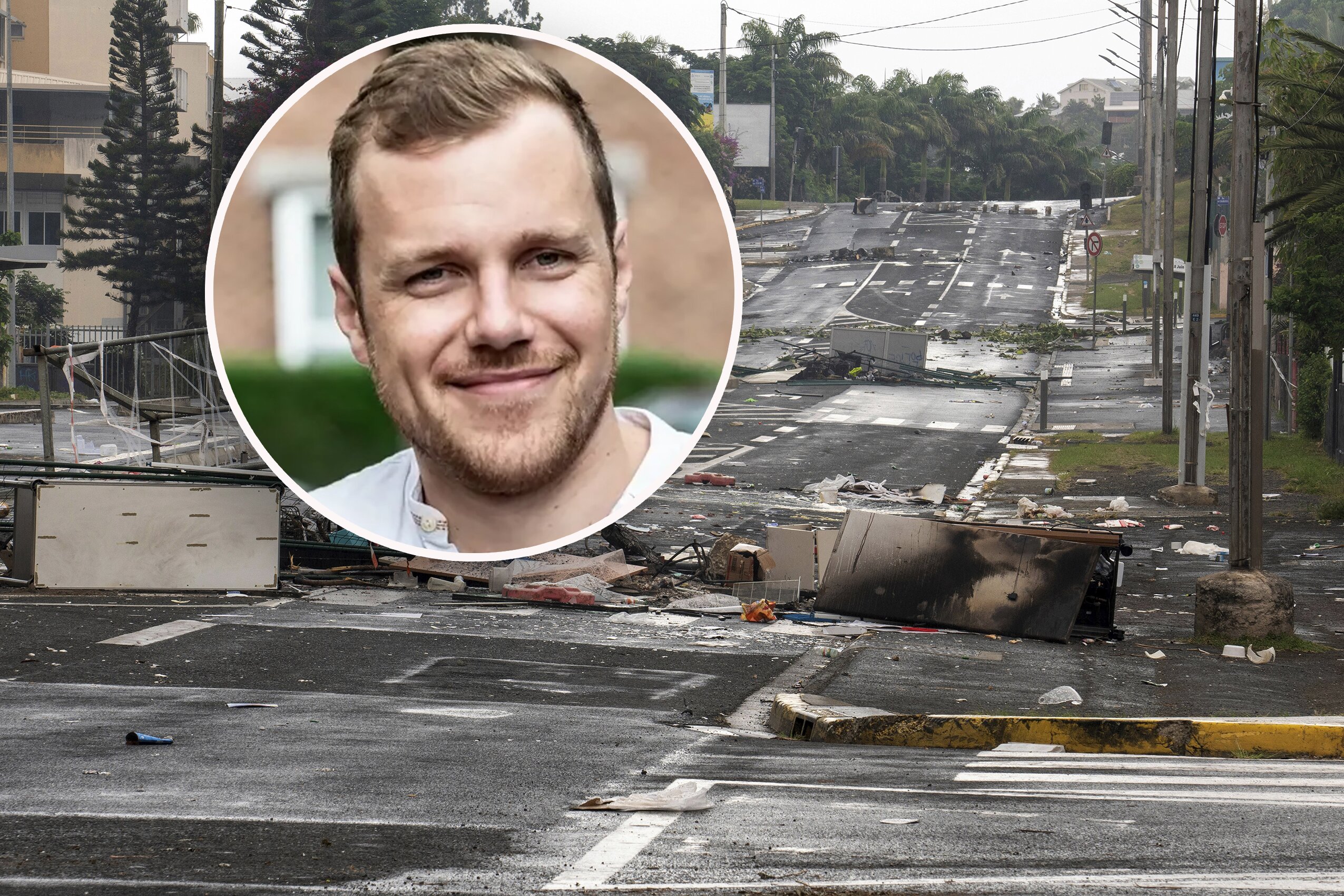 Inset: Kiwi Alex Smeele. A street in Noumea, New Caledonia, is pictured after unrest. Photo / AP
