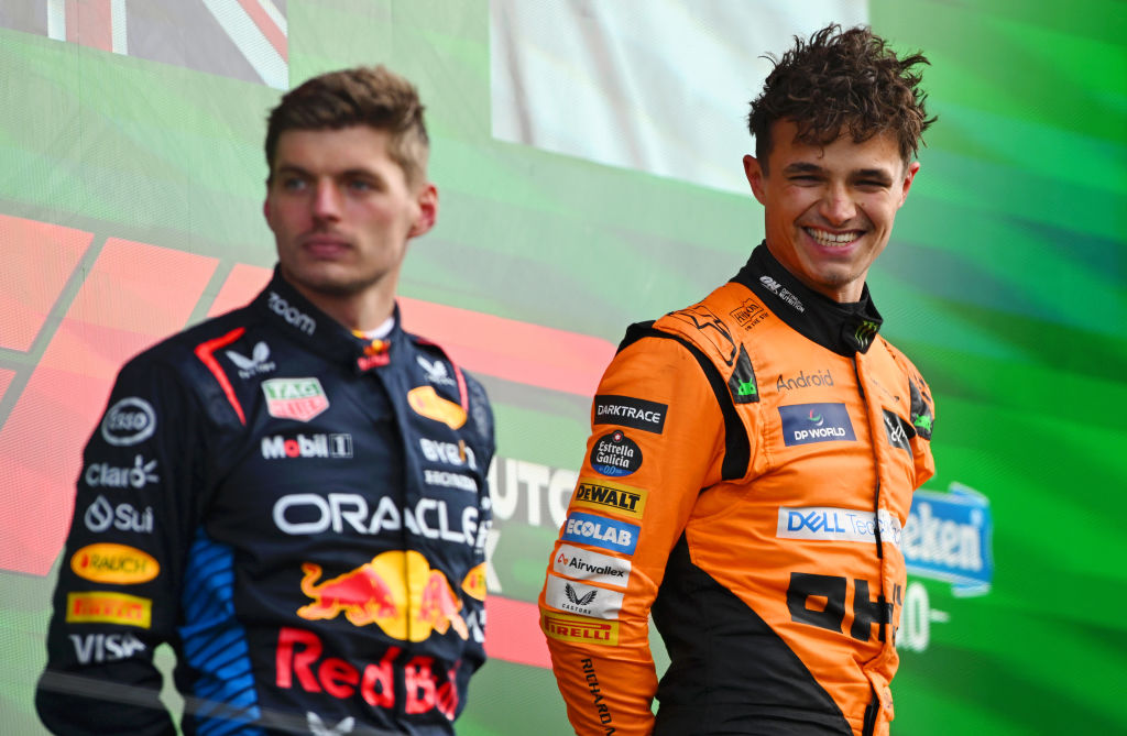 Race winner Lando Norris of Great Britain and McLaren and second placed Max Verstappen celebrate in parc ferme after the F1 Grand Prix of Netherland. Photo / Getty Images