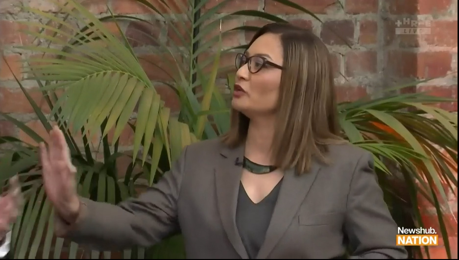 Marama Davidson speaks on a wealth tax in the debate. Photo / Three
