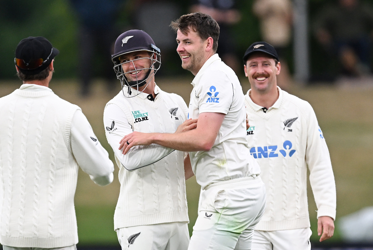 The Black Caps celebrate a Jacob Duffy wicket against the West Indies in Christchurch. Photo / Photosport