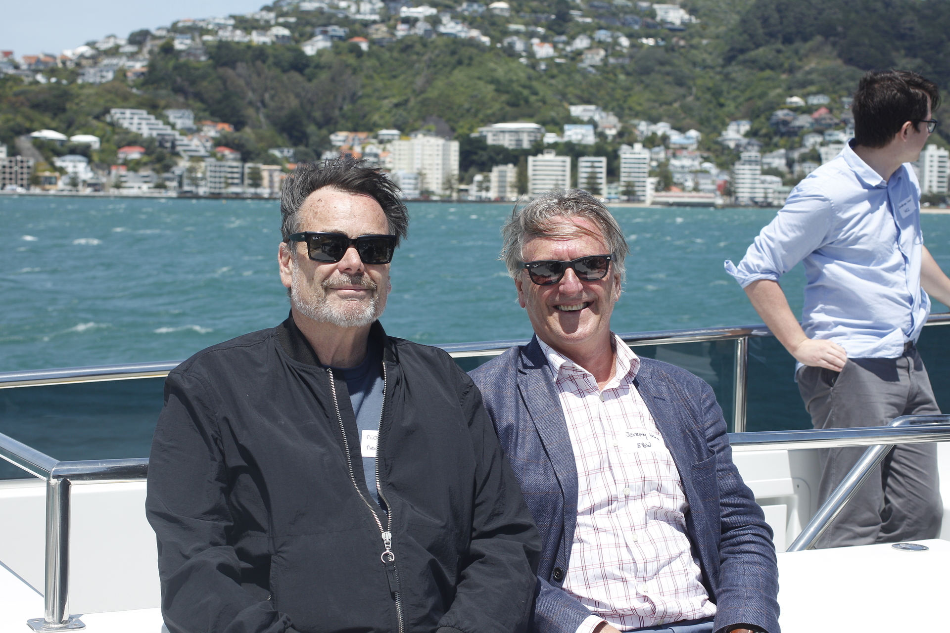 East by West Ferries Managing Director Jeremy Ward (right) told NewstalkZB's Nick Mills (left) they are going to ease the vessel into full service. Photo / Jack Crossland