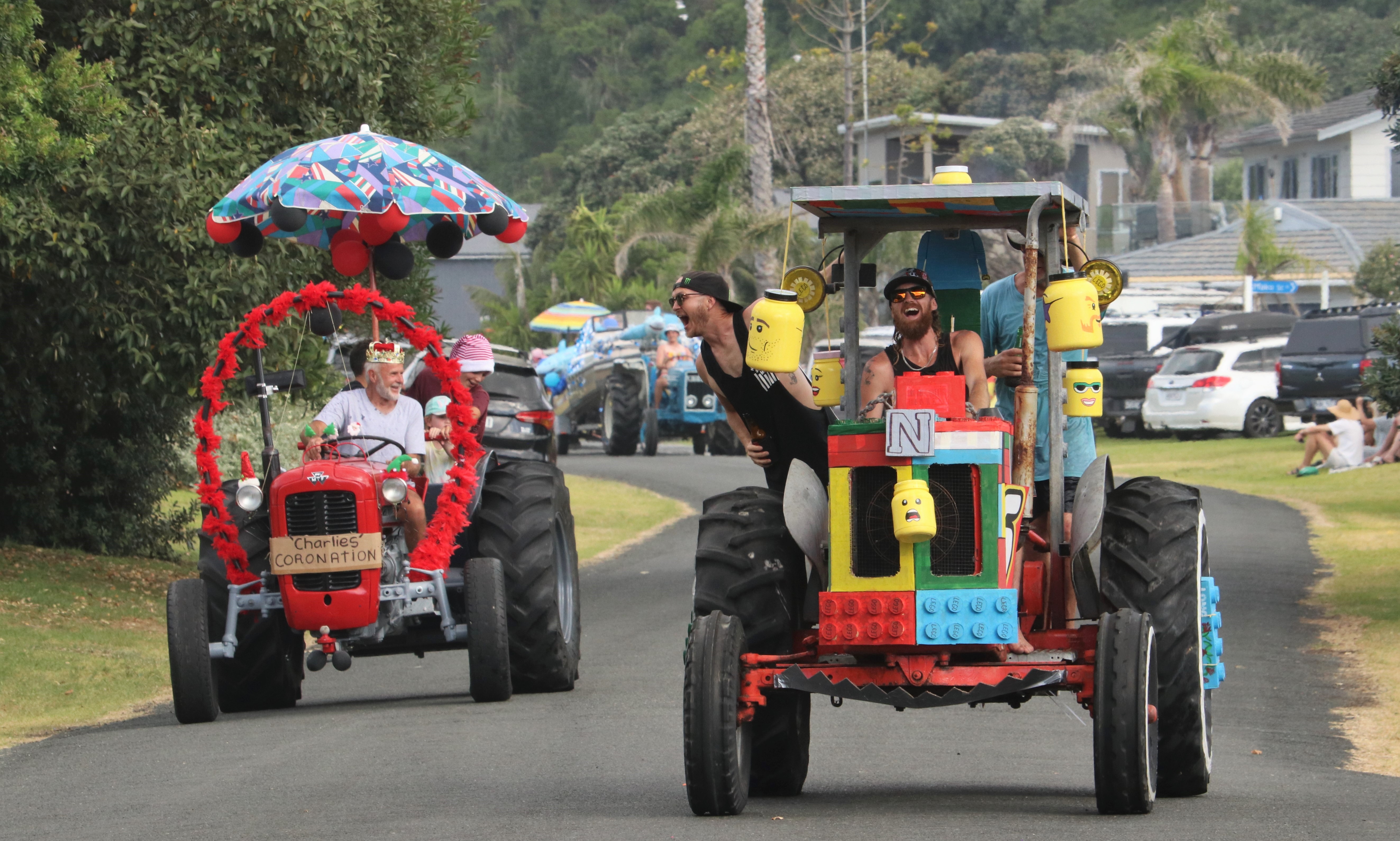 The crew of Lego Winehouse, with “Badger” McNamara at the wheel, built a tractor entirely out of Lego blocks. Photo / Peter de Graaf