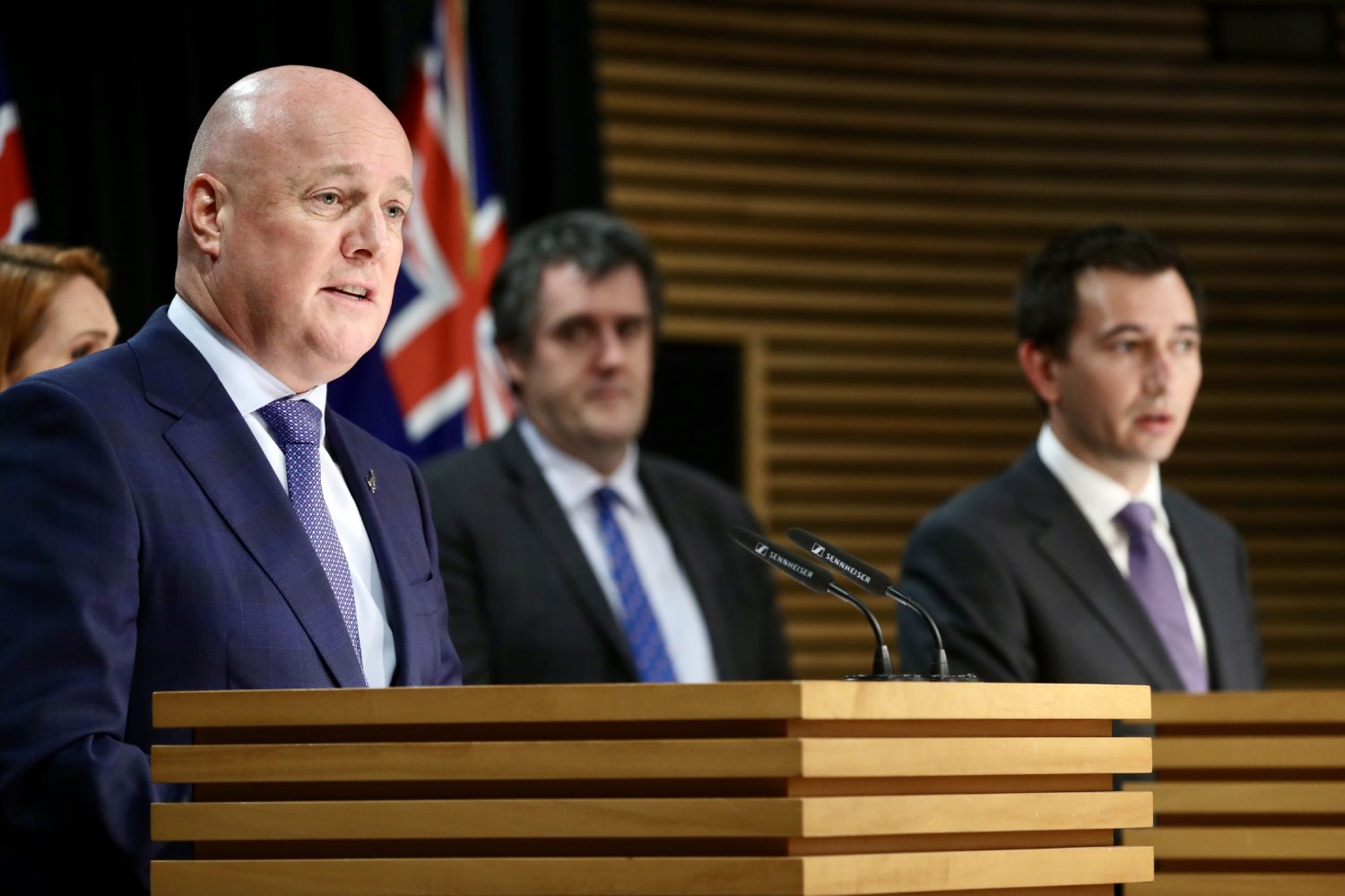 Christopher Luxon, Energy Minister Simeon Brown and RMA Reform Minister Chris Bishop (background) at the post-Cabinet press conference in Wellington at Parliament to announce a new energy LNG policy. Photo / Mark Mitchell