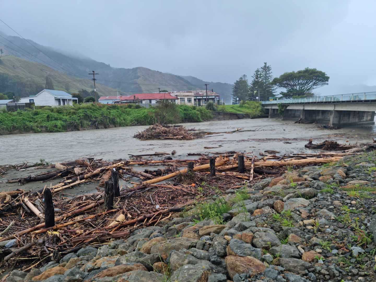 Woody debris at Mangahauini Bridge, Tokomaru Bay. Photo / Lillian Te Hau-Ward