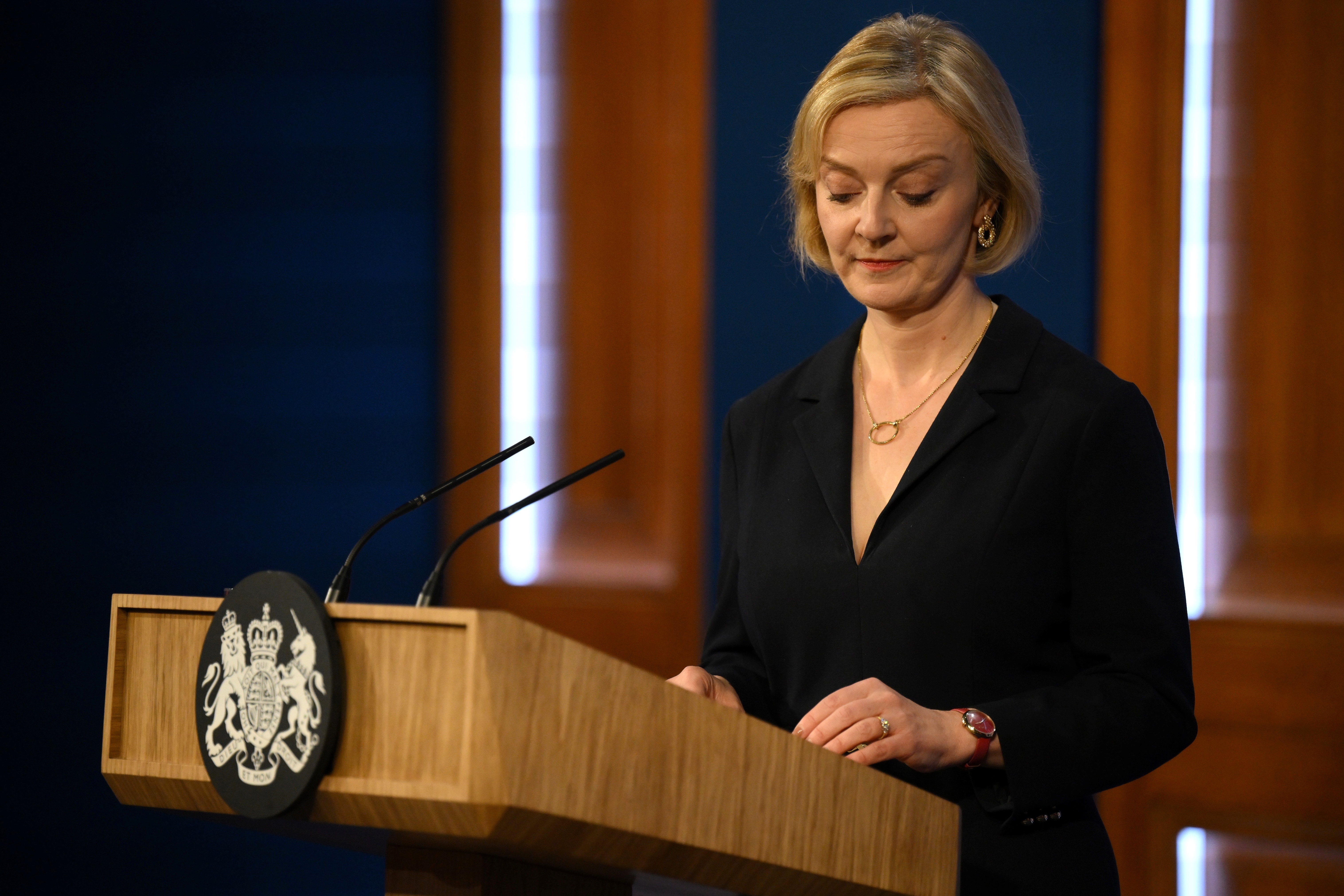 Britain's Prime Minister Liz Truss holds a press conference in the Downing Street Briefing Room as she tries to hang on to her job after weeks of turmoil on financial markets. Photo / Daniel Leal via AP