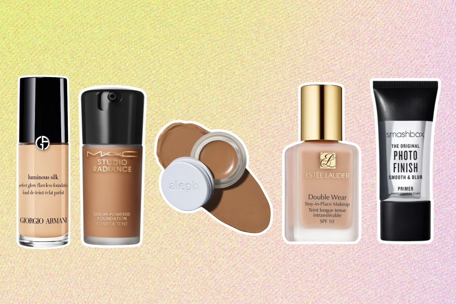 From left: Giorgio Armani Luminous Silk Foundation; M.A.C Cosmetics Studio Radiance Serum-Powered Foundation; Aleph Concealer/Foundation; Estee Lauder Double Wear Stay in Place Makeup; Smashbox The Original Photo Finish Smooth & Blur Oil-Free Primer.