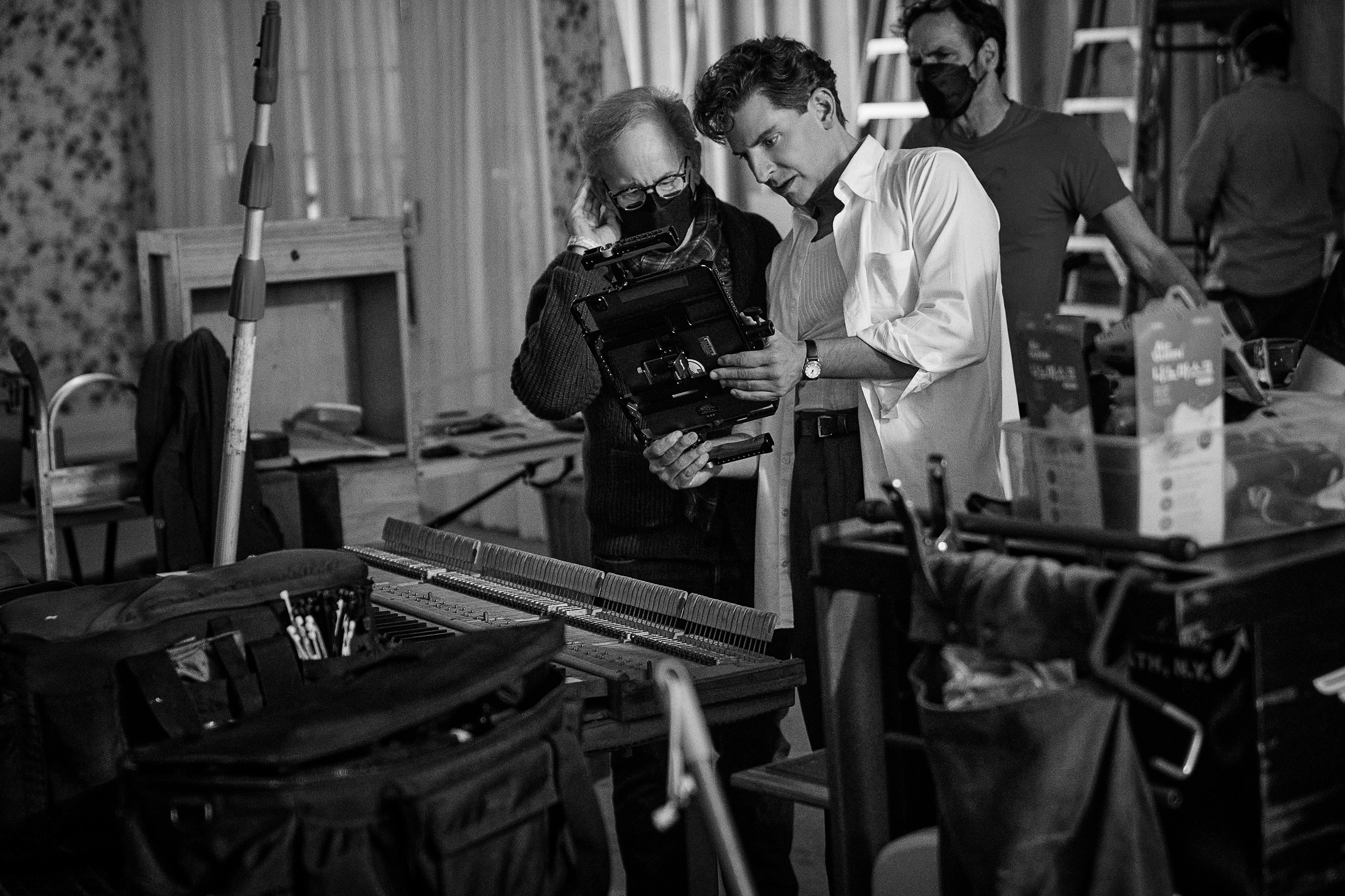Producer Steven Spielberg and Cooper on the set of Maestro. Photo / Jason McDonald, Netflix