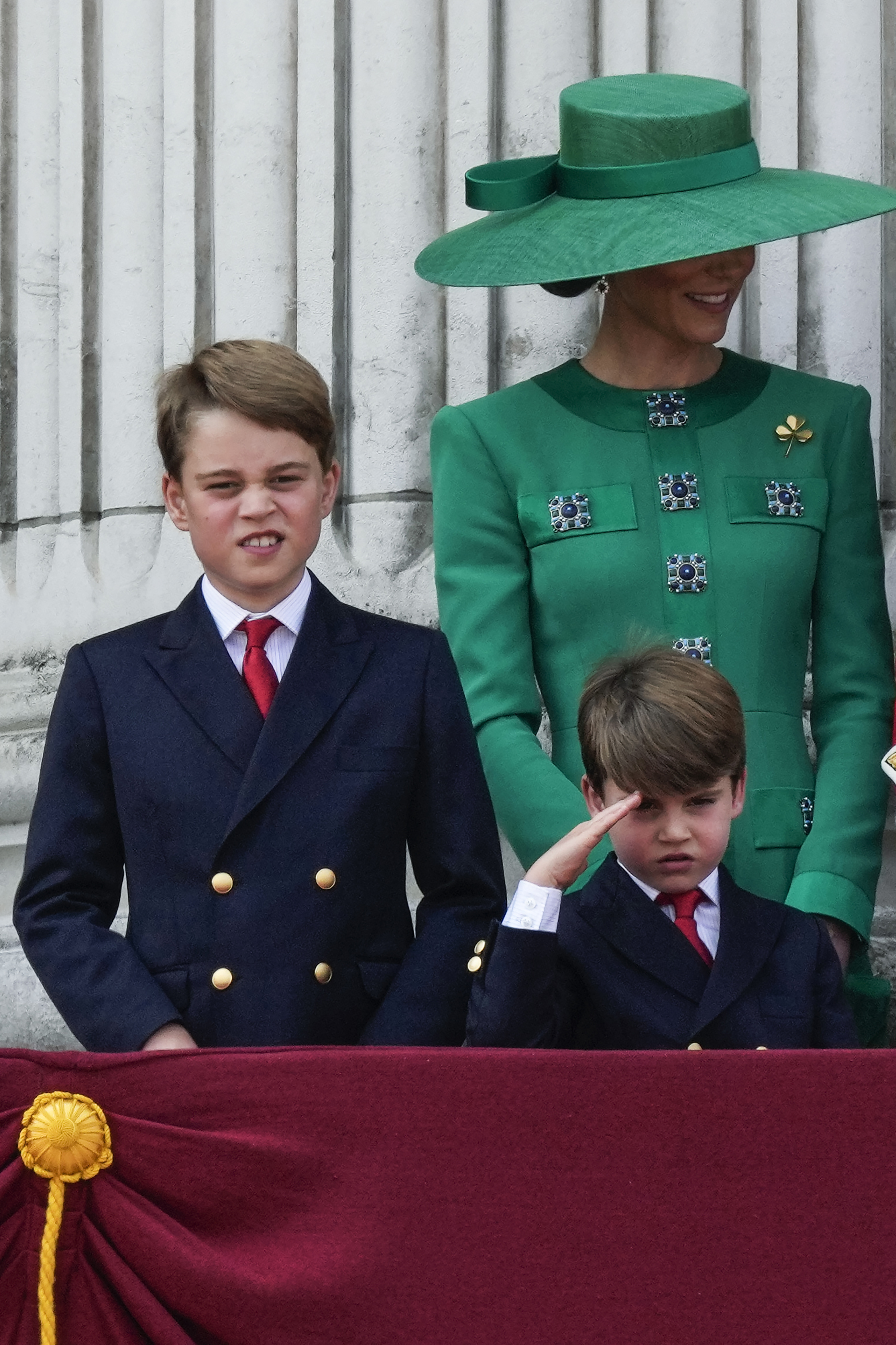 Kate, Princess of Wales, Prince George and Prince Louis greet the crowd from the balcony of Buckingham Palace after the Trooping The Colour parade. Photo / AP
