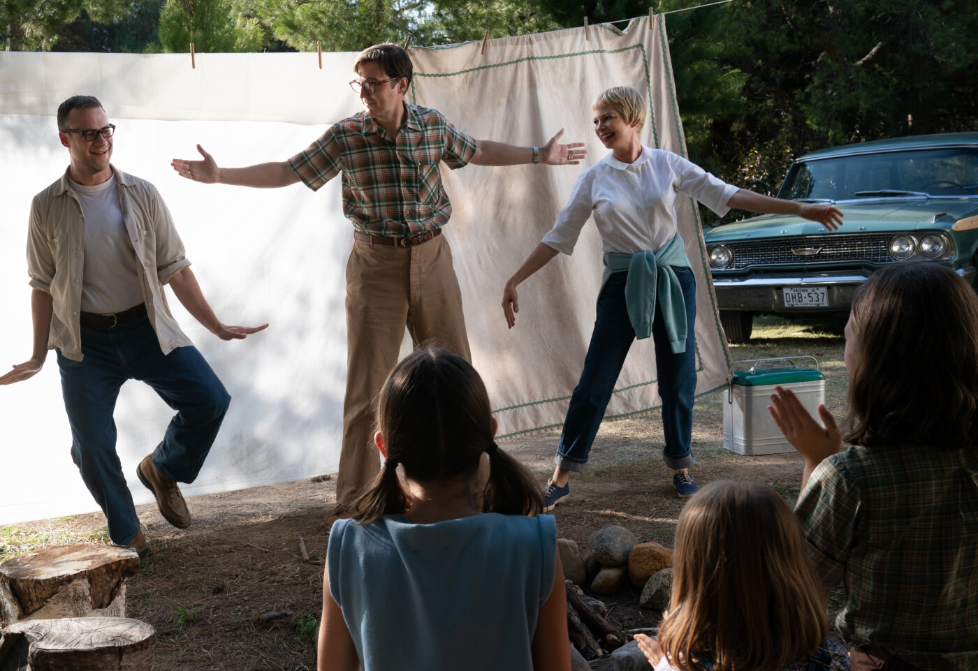 Seth Rogen, Paul Dano and Michelle Williams in a scene from The Fabelmans.