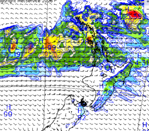 MetService's rain radar has predicted a deluge to hit the top of the country early tomorrow morning. Photo / MetService