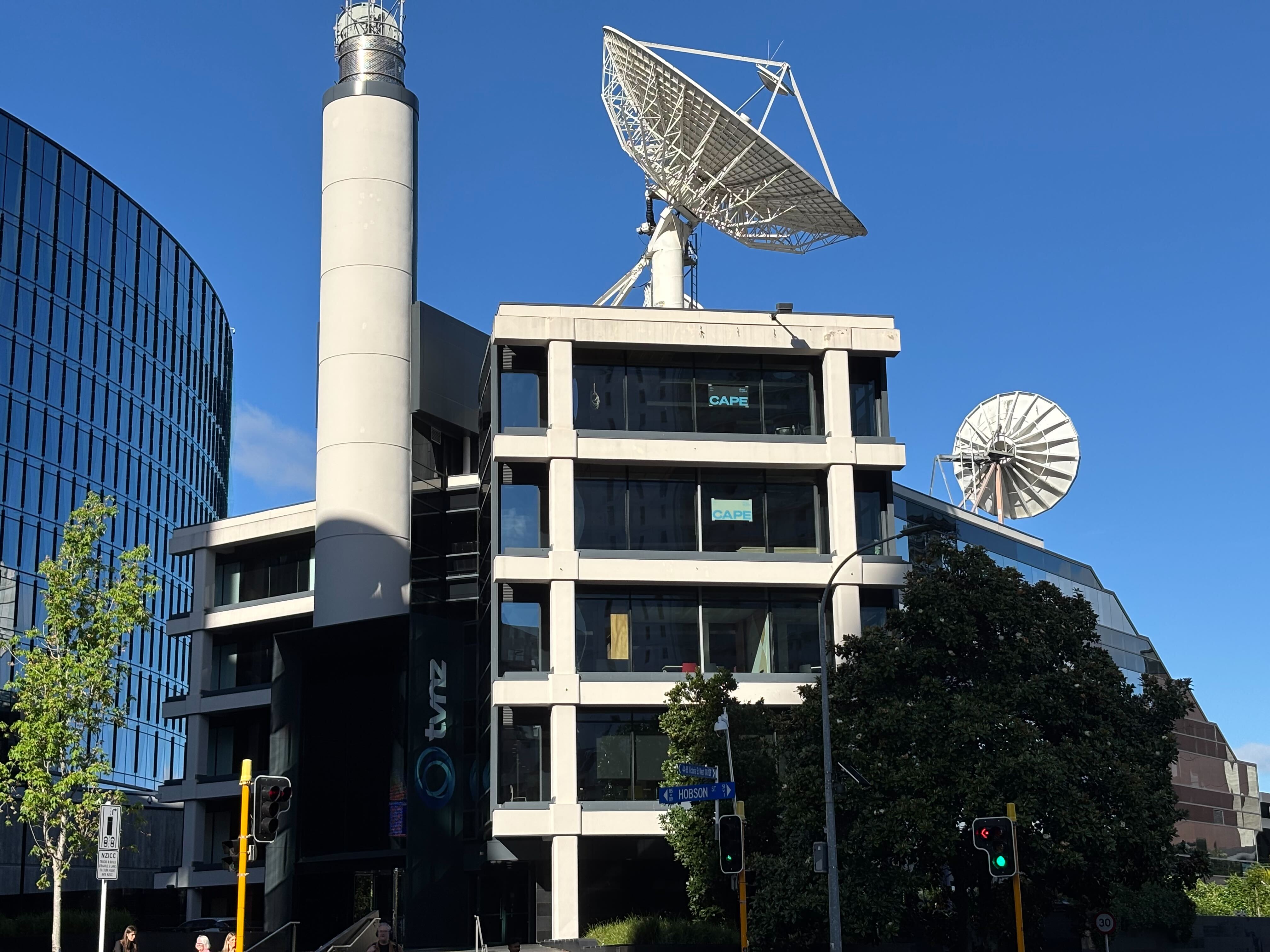 RNZ building contractors' signs are already visible in the windows of TVNZ's Auckland headquarters. Photo / supplied