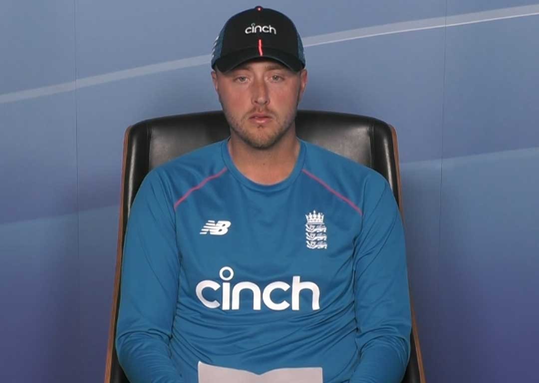 Ollie Robinson reads a statement at the end of day one at Lord's. Photo / Spark Sport