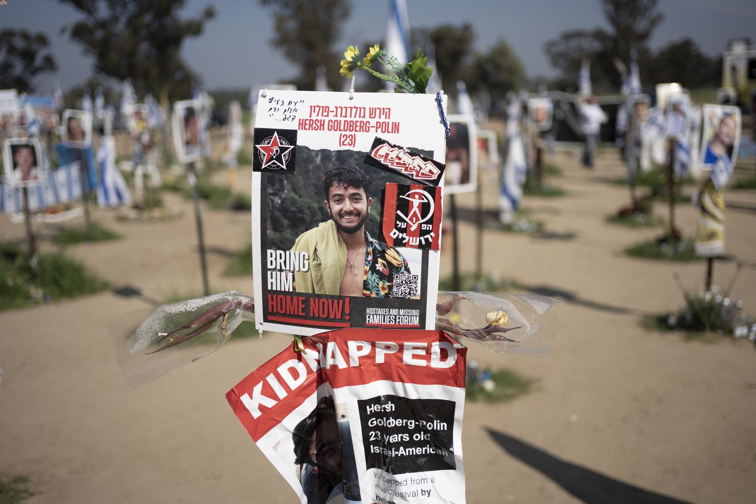 A poster depicting Israeli-American hostage Hersh Goldberg-Polin is displayed in Re'im, southern Israel at the Gaza border. Photo / AP