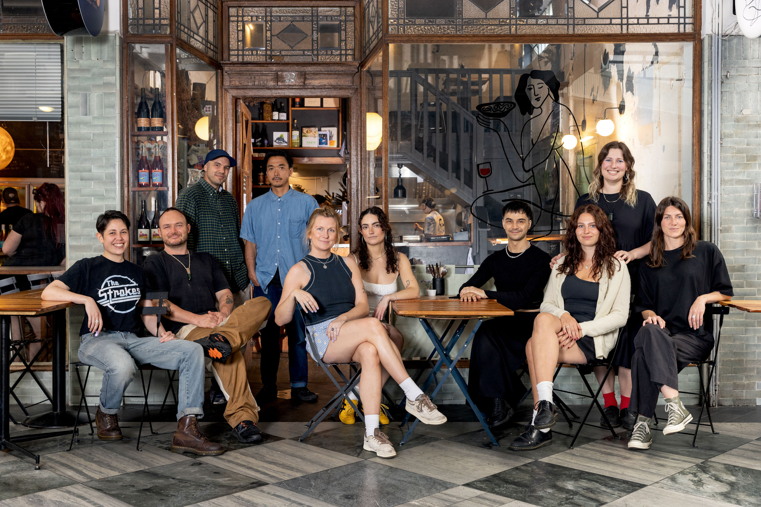 The Pici and Ooh-Fa teams, from left: Steff Mitchell, Jono Thevenard (head chef/owner), Fraser Childs (head chef/owner, Ooh-Fa), Kaz Suzuki (owner), Hatty Law, Sienna Davidson, Shane McTurk, Jules Olivier, Alisha Anderson-Russell, Gemma Hareb (owner). Photo / Babiche Martens