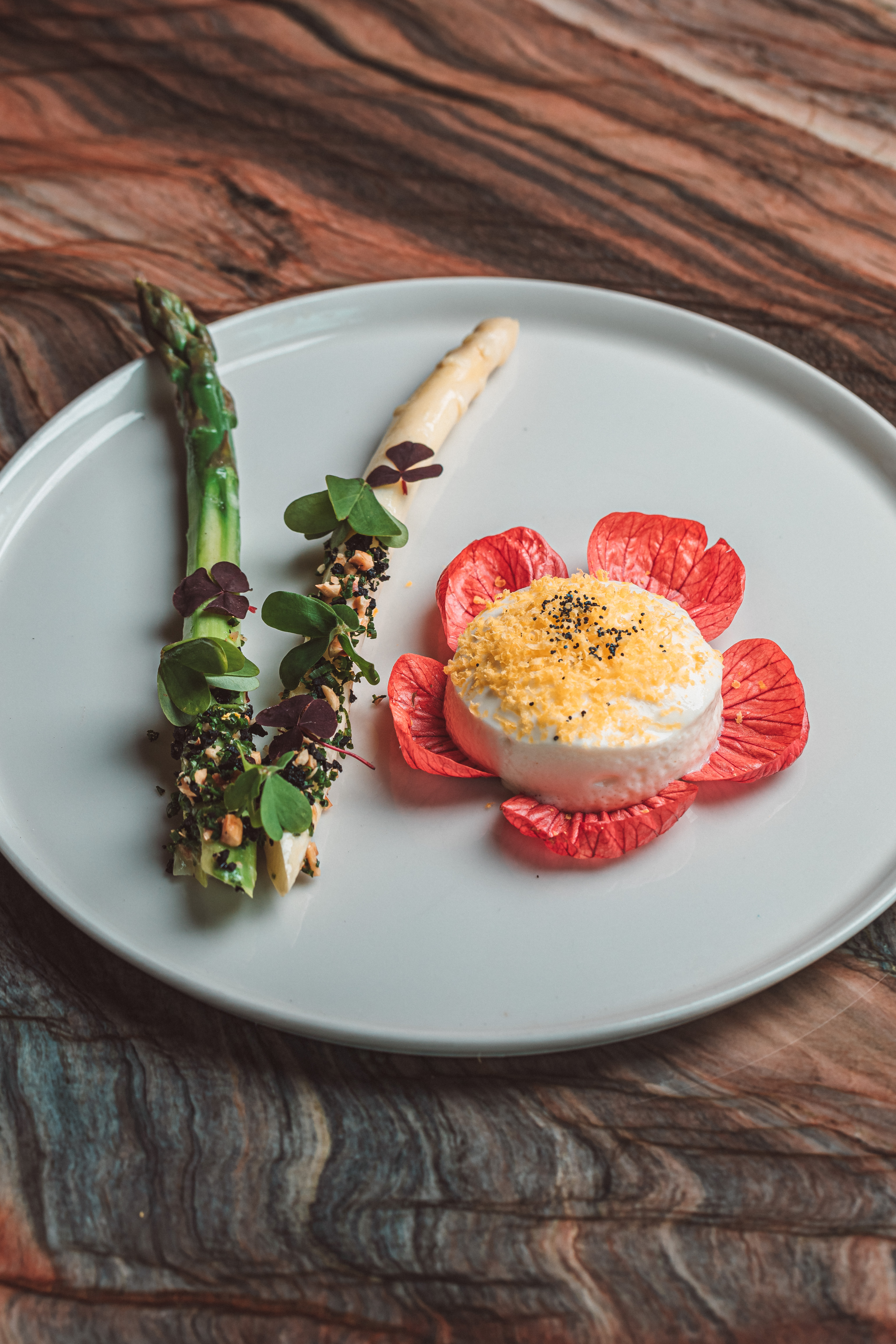 Ahi’s Apareka dish, with white asparagus, Russian salad and a lager and Edam foam. Photo / Tez Mercer