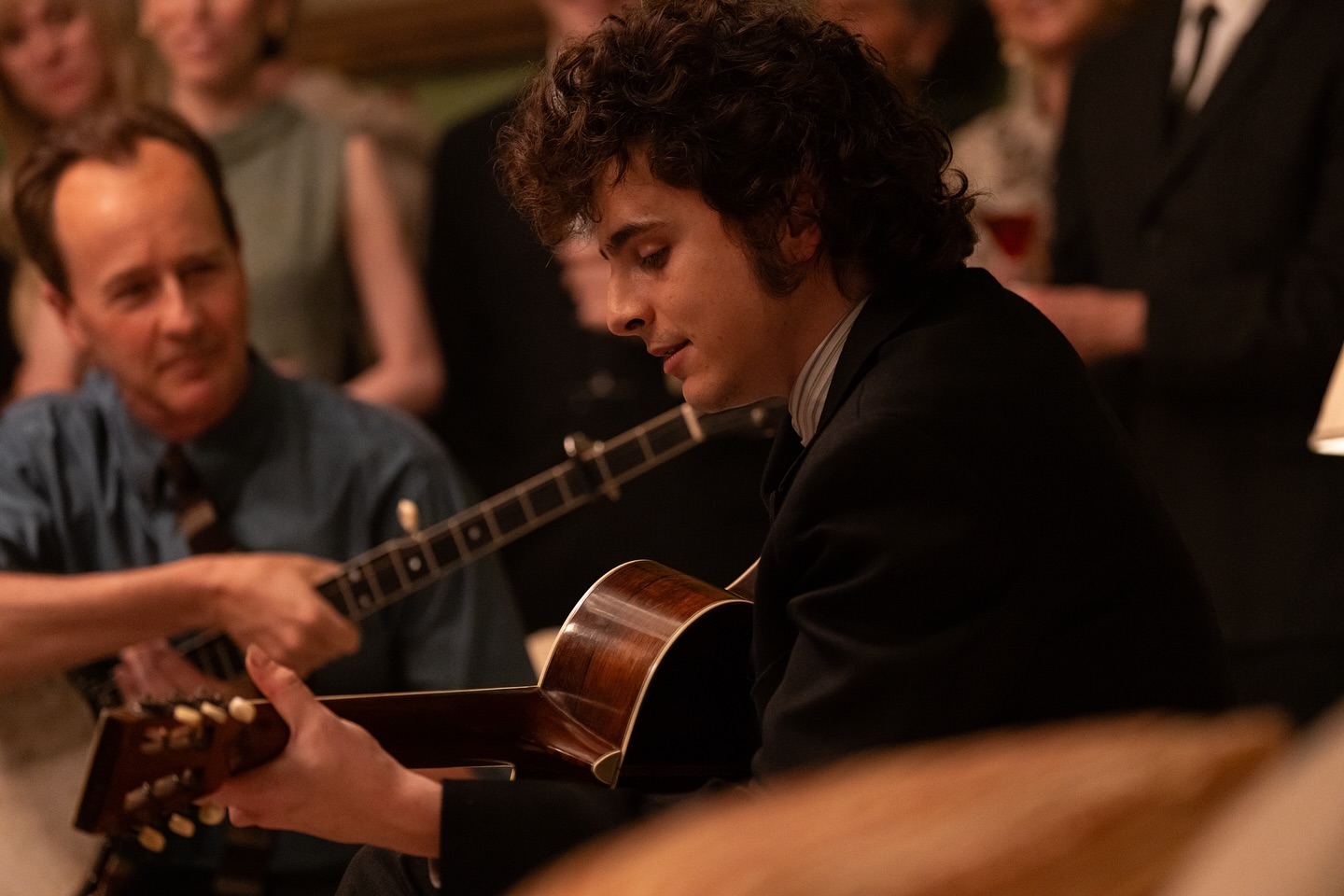 Timothée honed his guitar skills with years of practice for the film. Photo / @completeunknownfilm