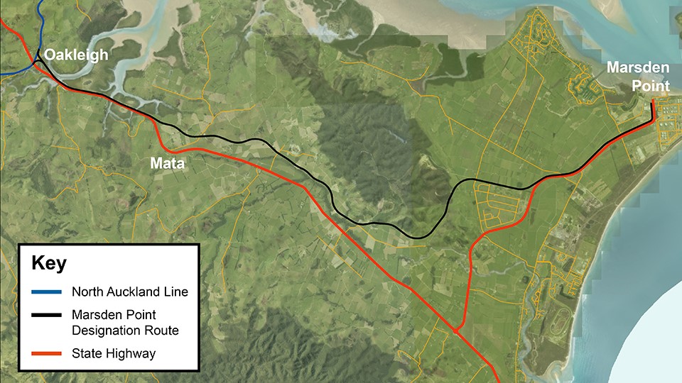 The proposed route of the Marsden Pt rail spur.