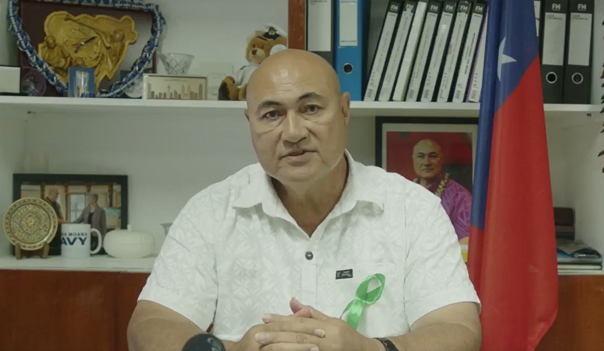 Samoa's acting Prime Minister, Tuala Tevaga Iosefo Ponifasio, gives a national update last night after the sinking of a New Zealand naval ship off the southern coast of Upolu. Image / Government of Samoa