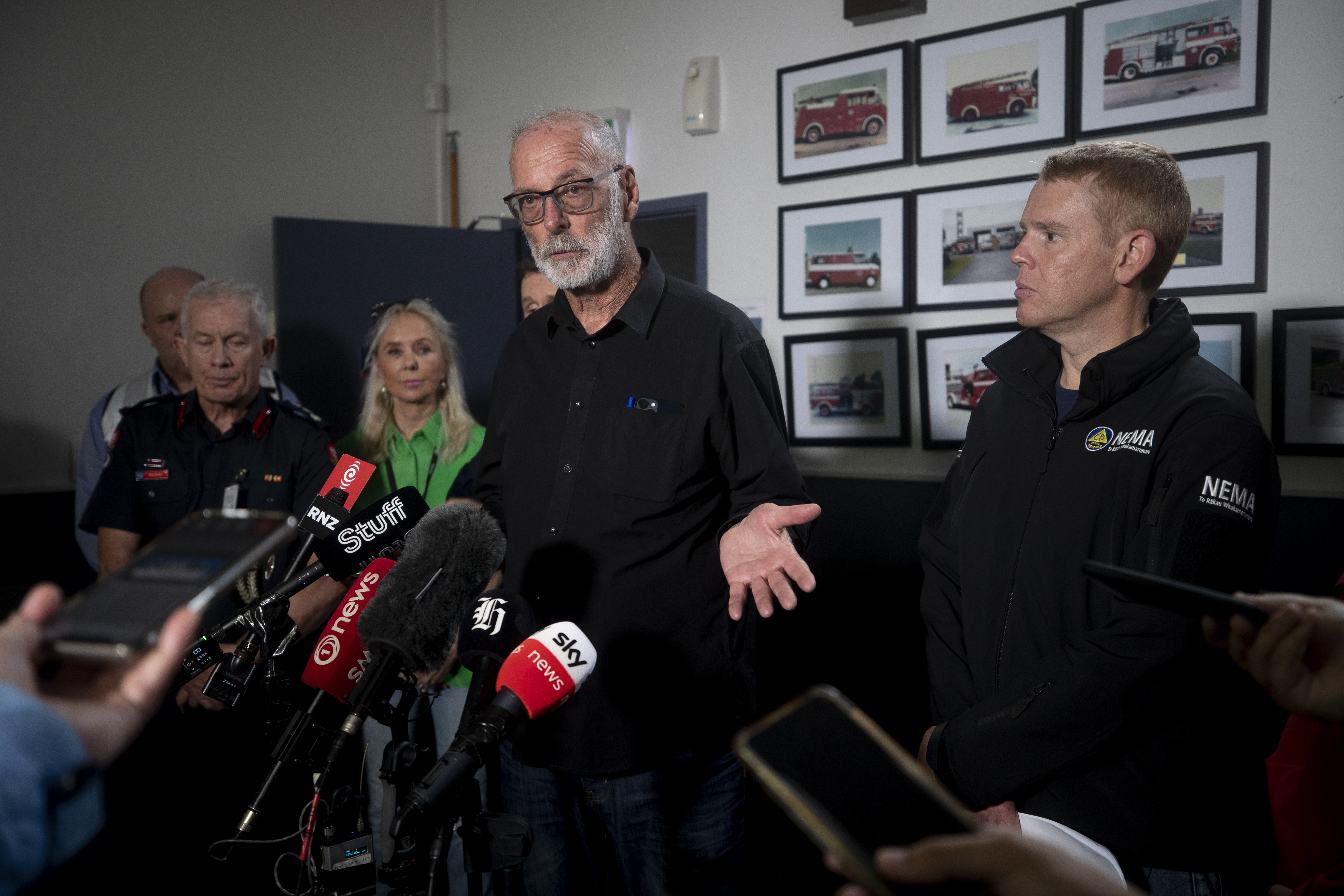 Auckland Mayor Wayne Brown at the West Harbour Fire Station with Prime Minister Chris Hipkins. Photo / Dean Purcell