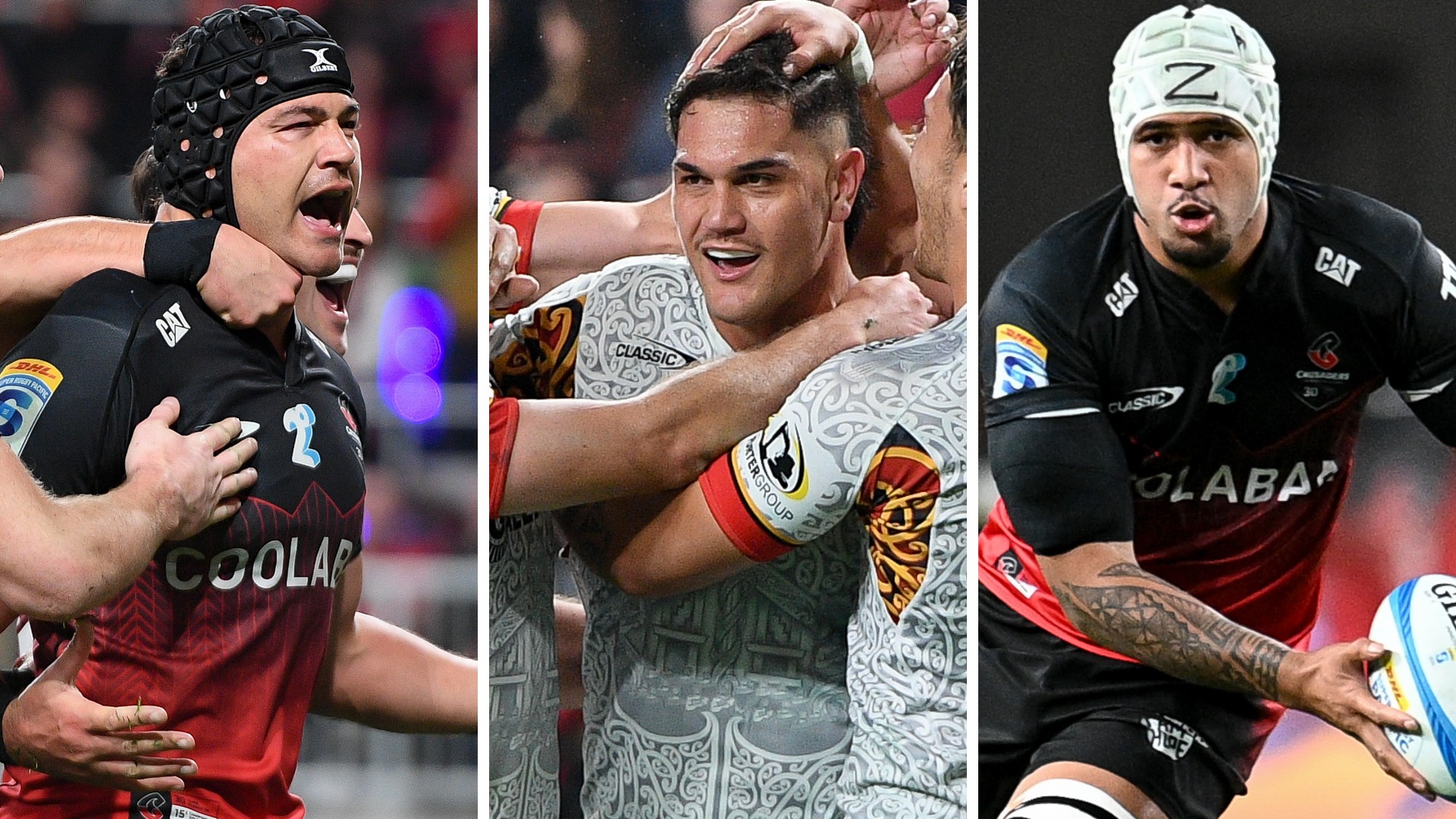 Crusaders midfielder David Havili, Chiefs midfielder Quinn Tupaea and Crusaders utility Leicester Fainga'anuku. Photos / Photosport