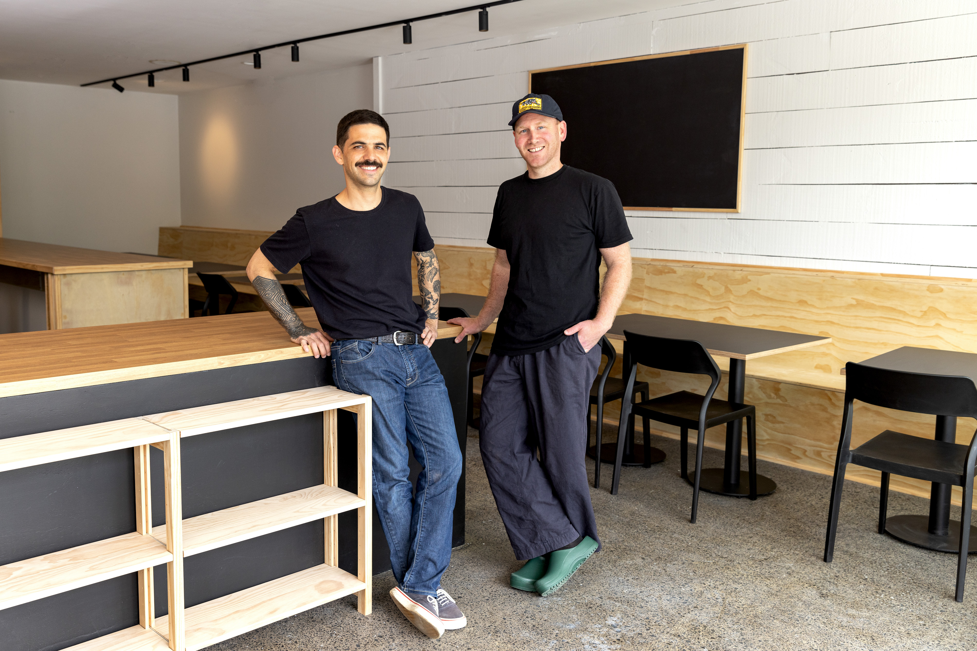 Chef Hayden Phiskie (right) with business partner Ricardo Rios inside their new pasta shop and soon-to-be wine bar in Ellerslie. Photo / Babiche Martens