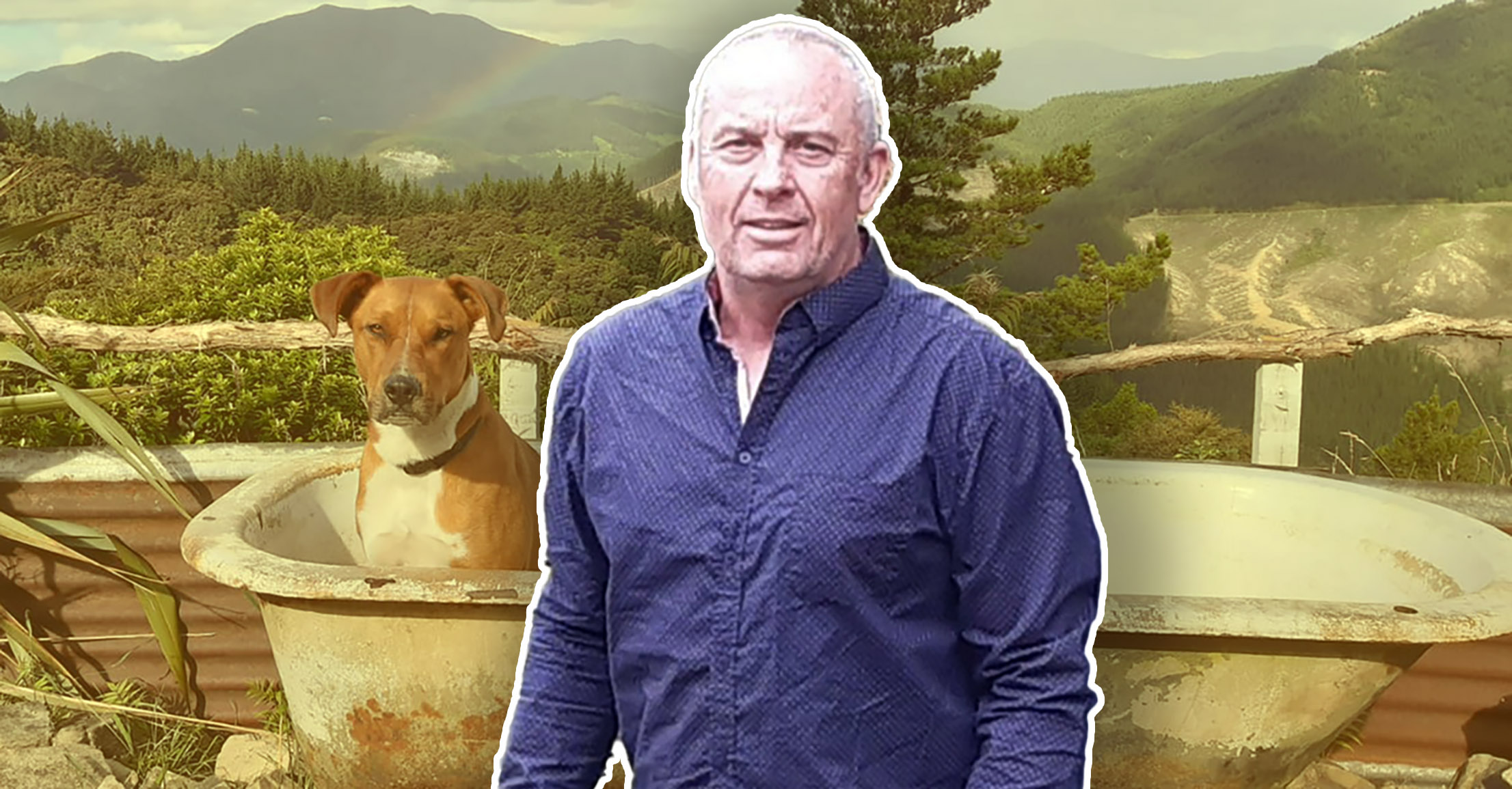 Kendall Smart with dog Gumboot at his hilltop property in north Nelson. Smart applied for a restraining order against his neighbour after a dispute over the shared access to their properties. A judge granted the order and also issued one against Smart. Photo / NZME