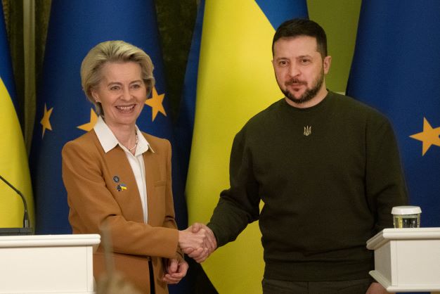 European Commission President Ursula von der Leyen AND Ukrainian President Volodymyr Zelenskyy greet each other during the EU-Ukraine summit in Kyiv, Ukraine, on Thursday. Photo / AP 