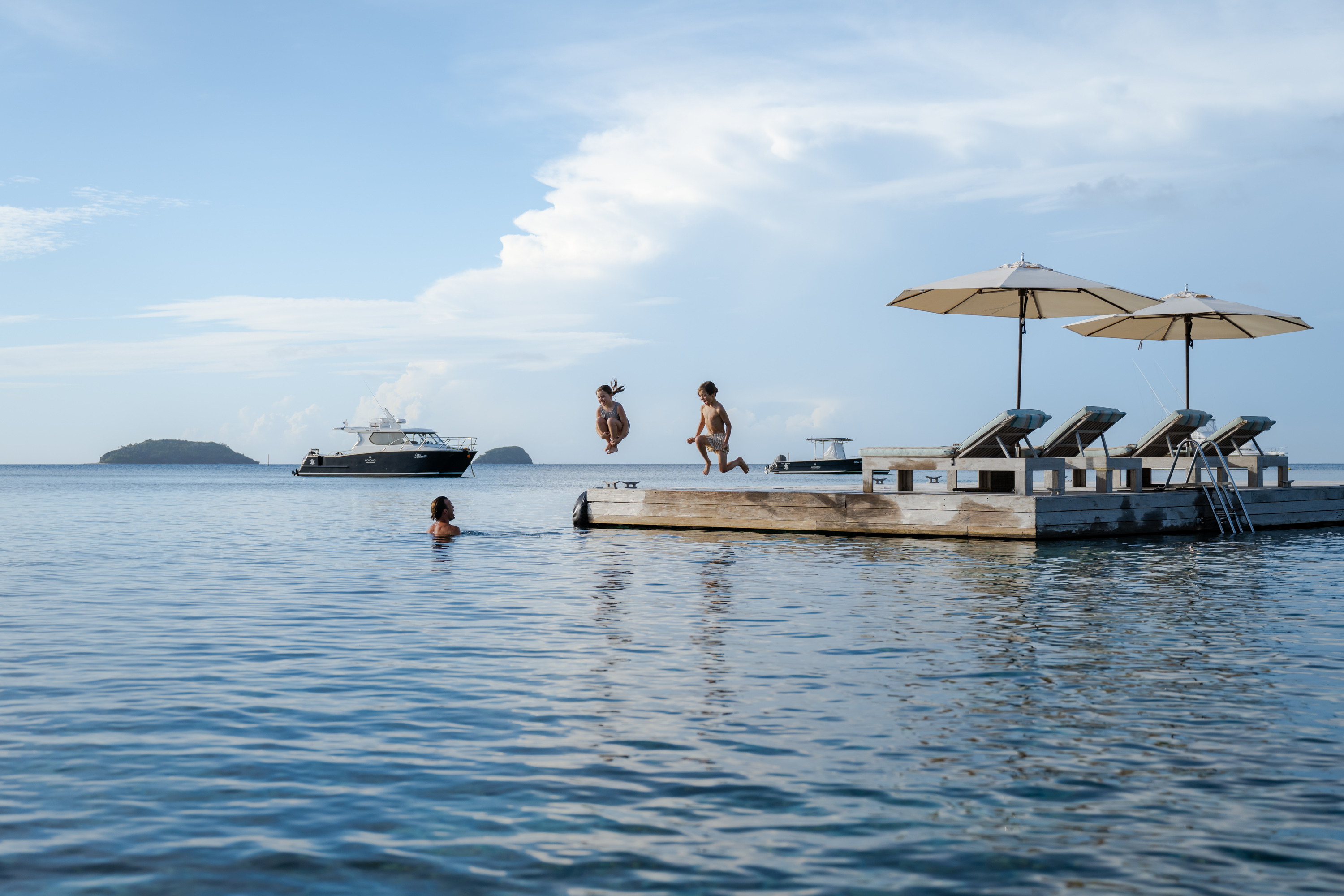 Kokomo's floating pontoon provides a perfect platform for family water adventures.