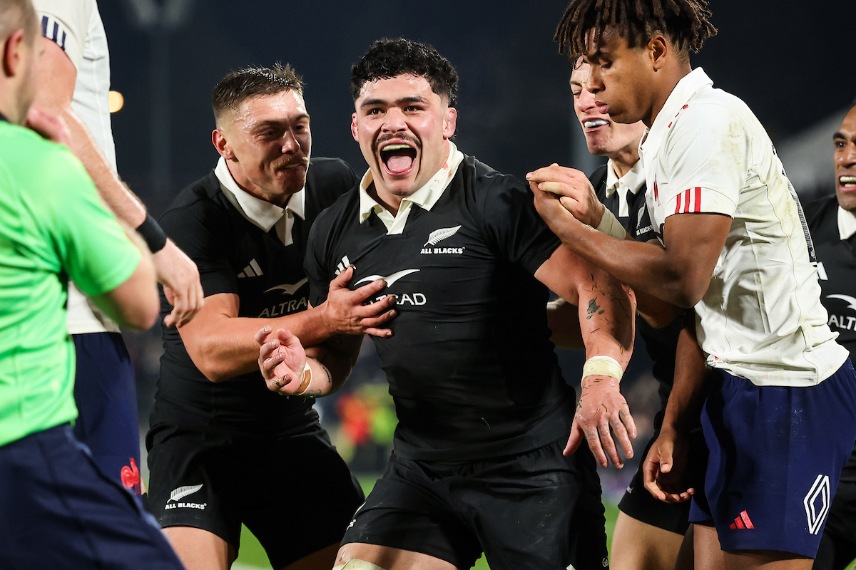 Du’Plessis Kirifi celebrates his try against France in Hamilton. Photo / Photosport