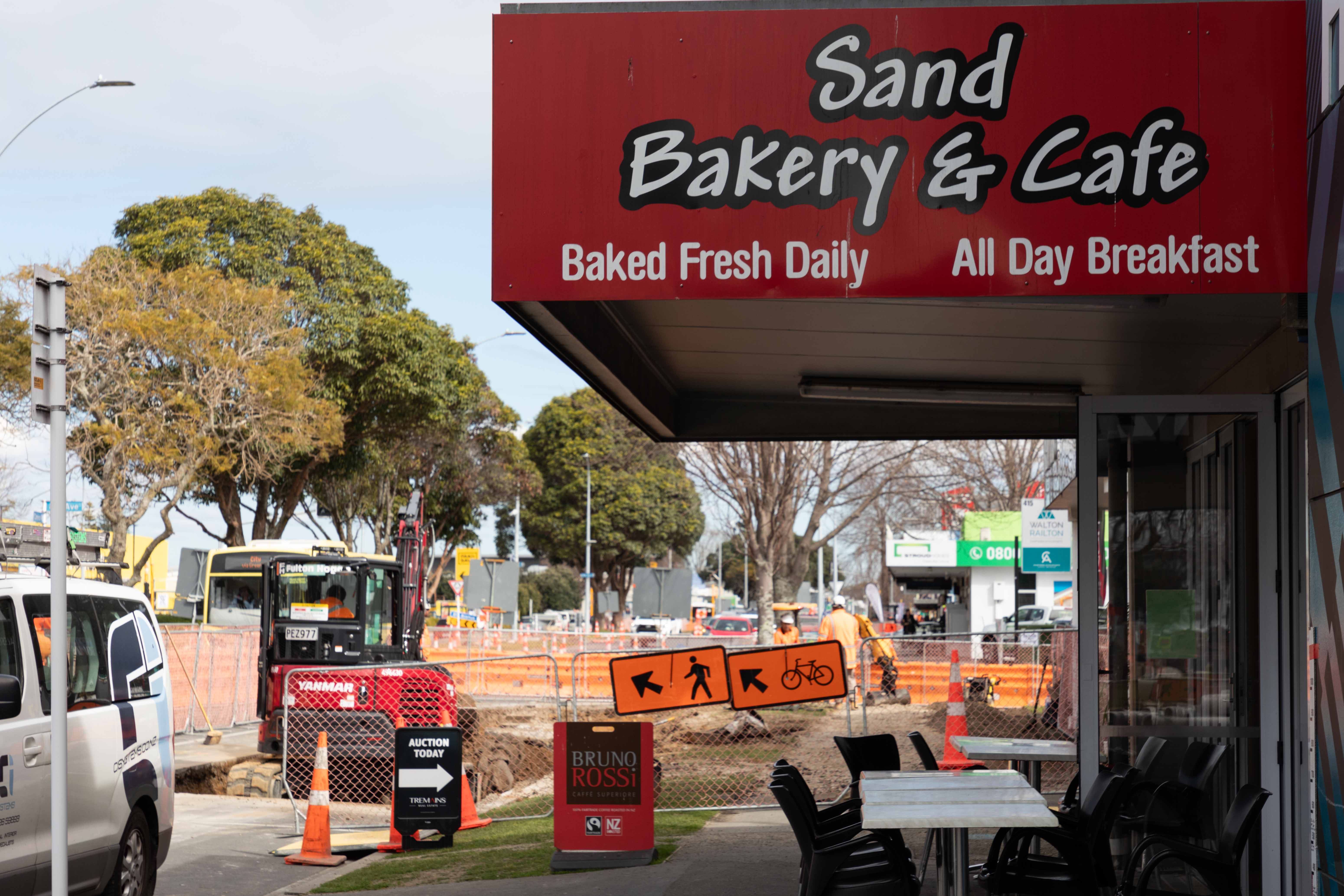 Roadworks on Cameron Rd outside Sand Bakery & Cafe. Photo / Alex Cairns