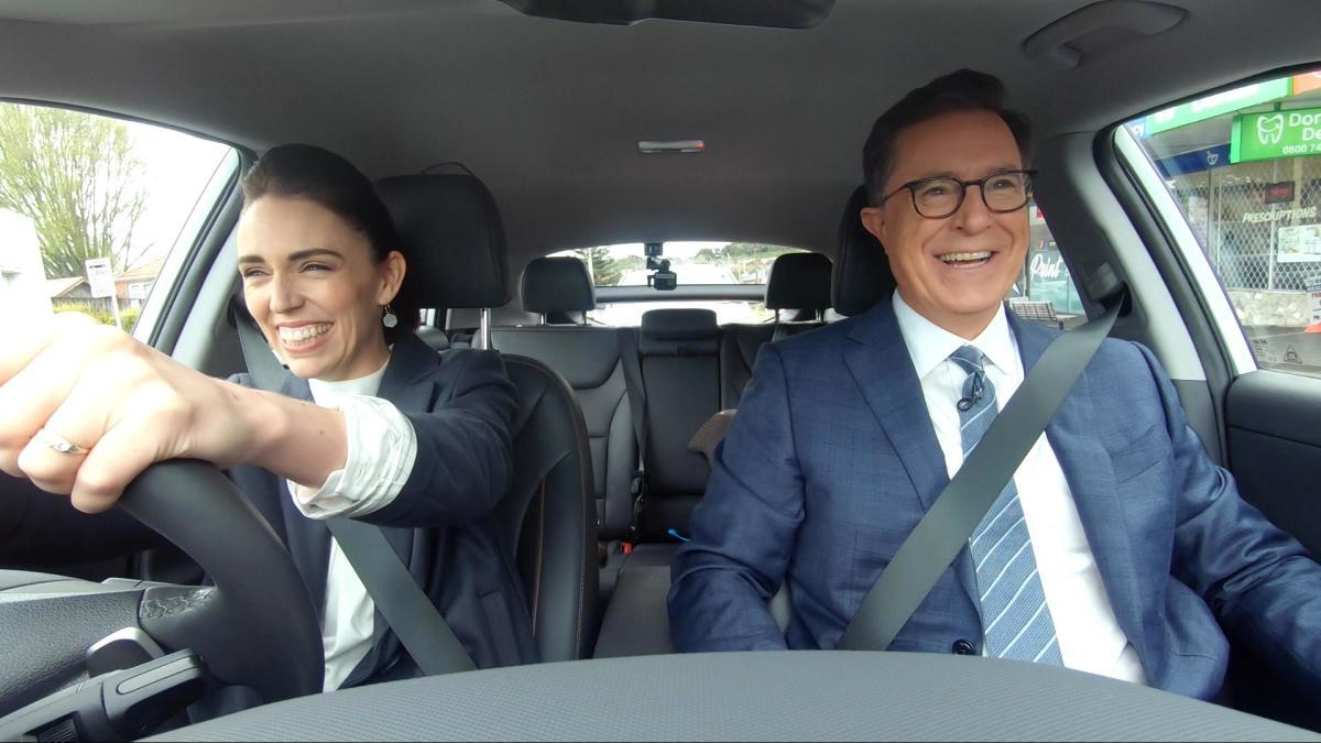 Former Prime Minister Dame Jacinda Ardern with US talkshow host Stephen Colbert.