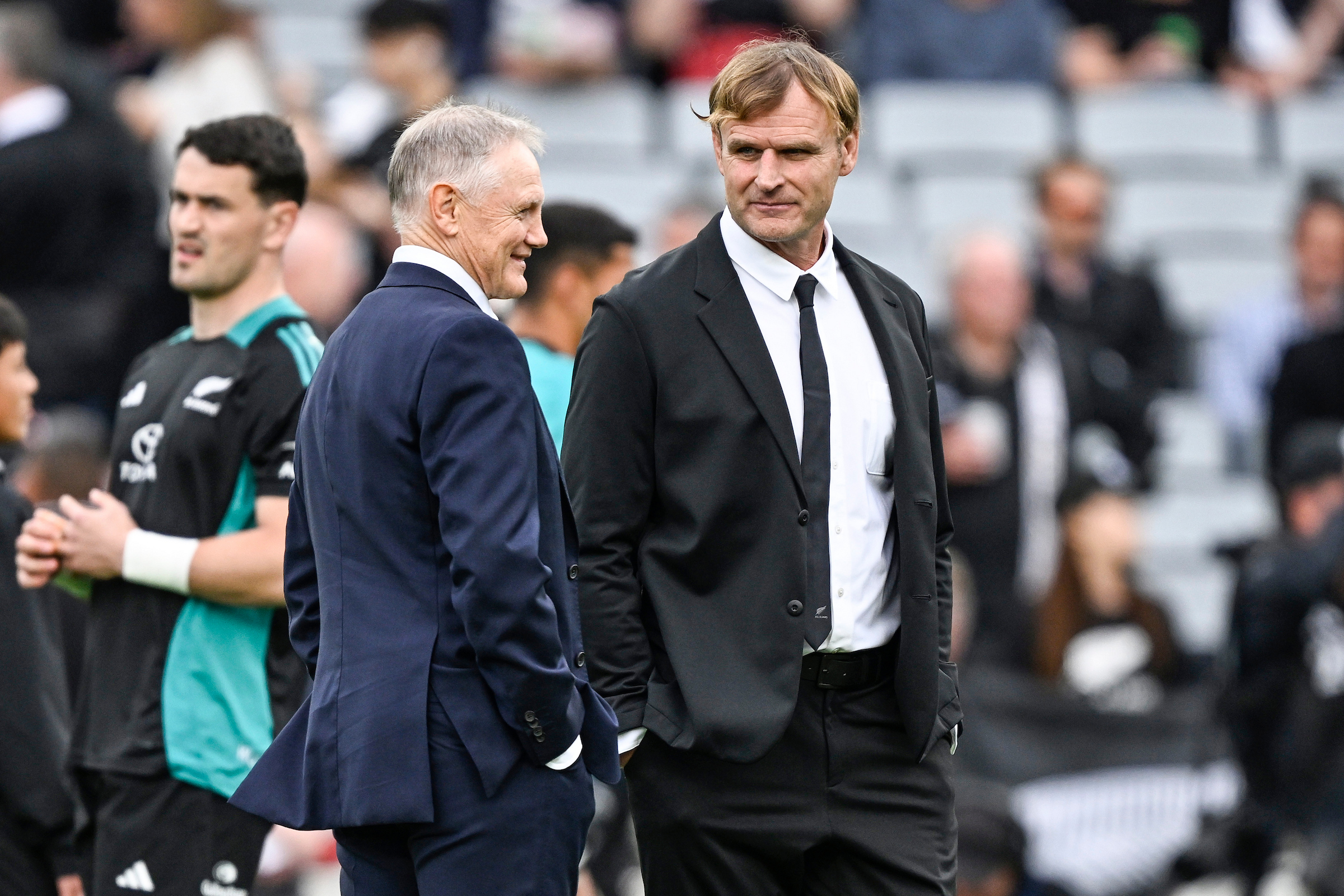 Wallabies coach Joe Schmidt and All Blacks coach Scott Robertson before the Eden Park Bledisloe Cup test. Photo / Photosport