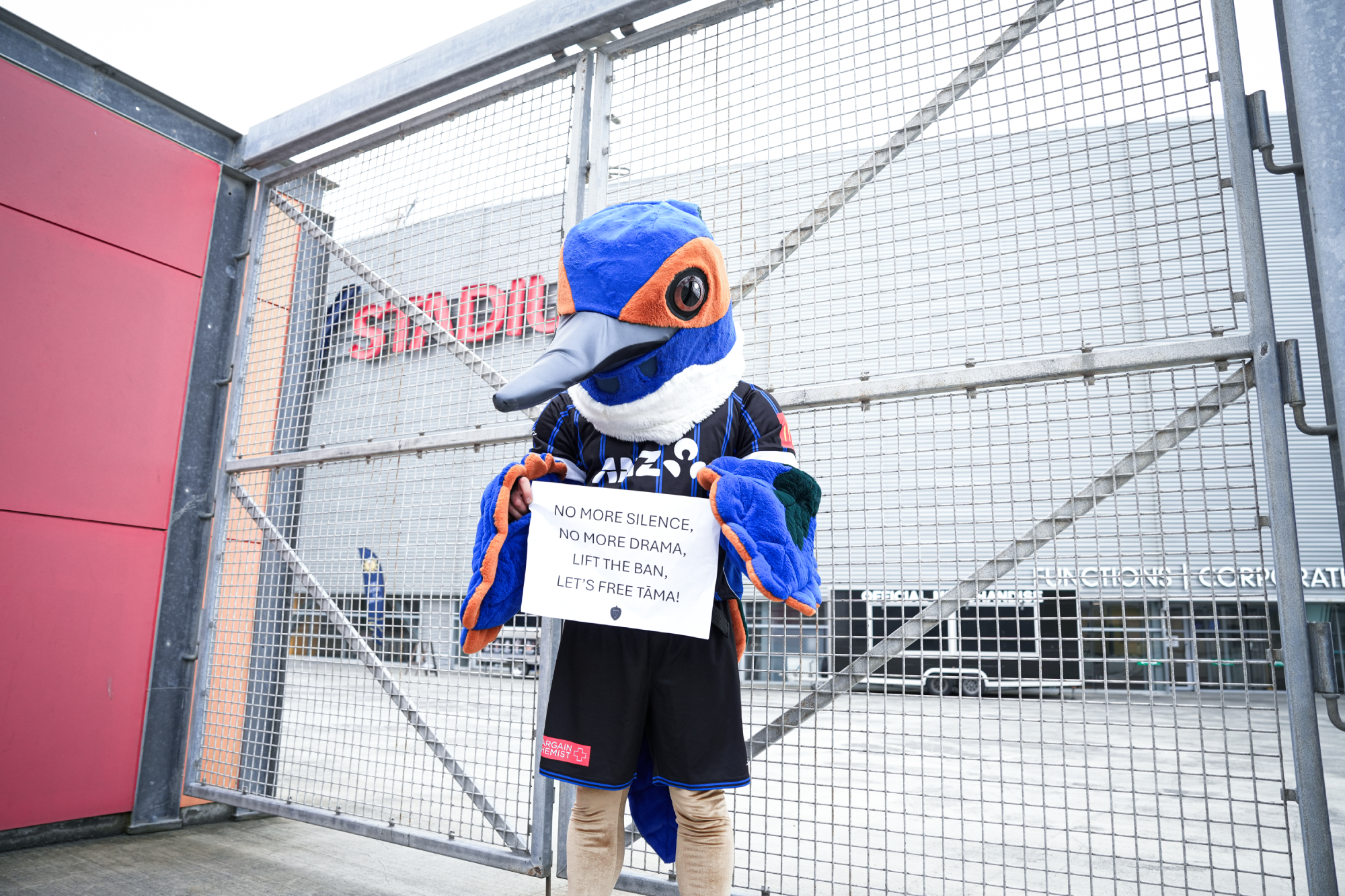 Auckland FC mascot Tāma the Kingfisher has been issued a ban from Sky Stadium. Photo / Supplied