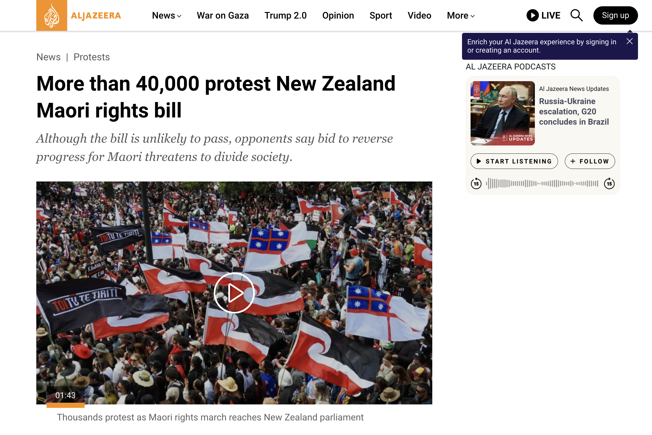 Al Jazeera's coverage of te Hīkoi mō te tiriti reaching Parliament.