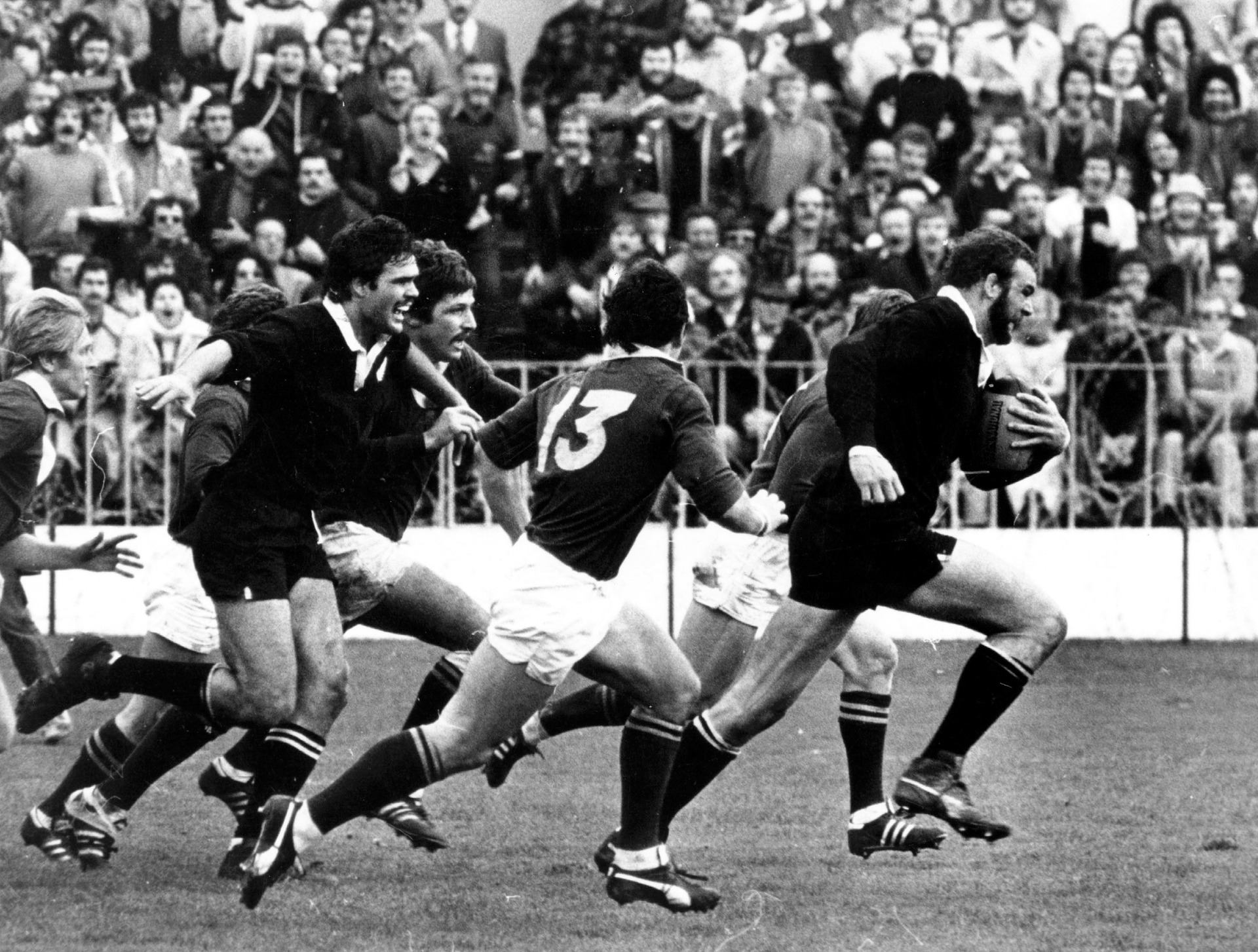Andy Haden charges with the ball during the All Blacks tour of South Africa in 1981. Photo / Photosport