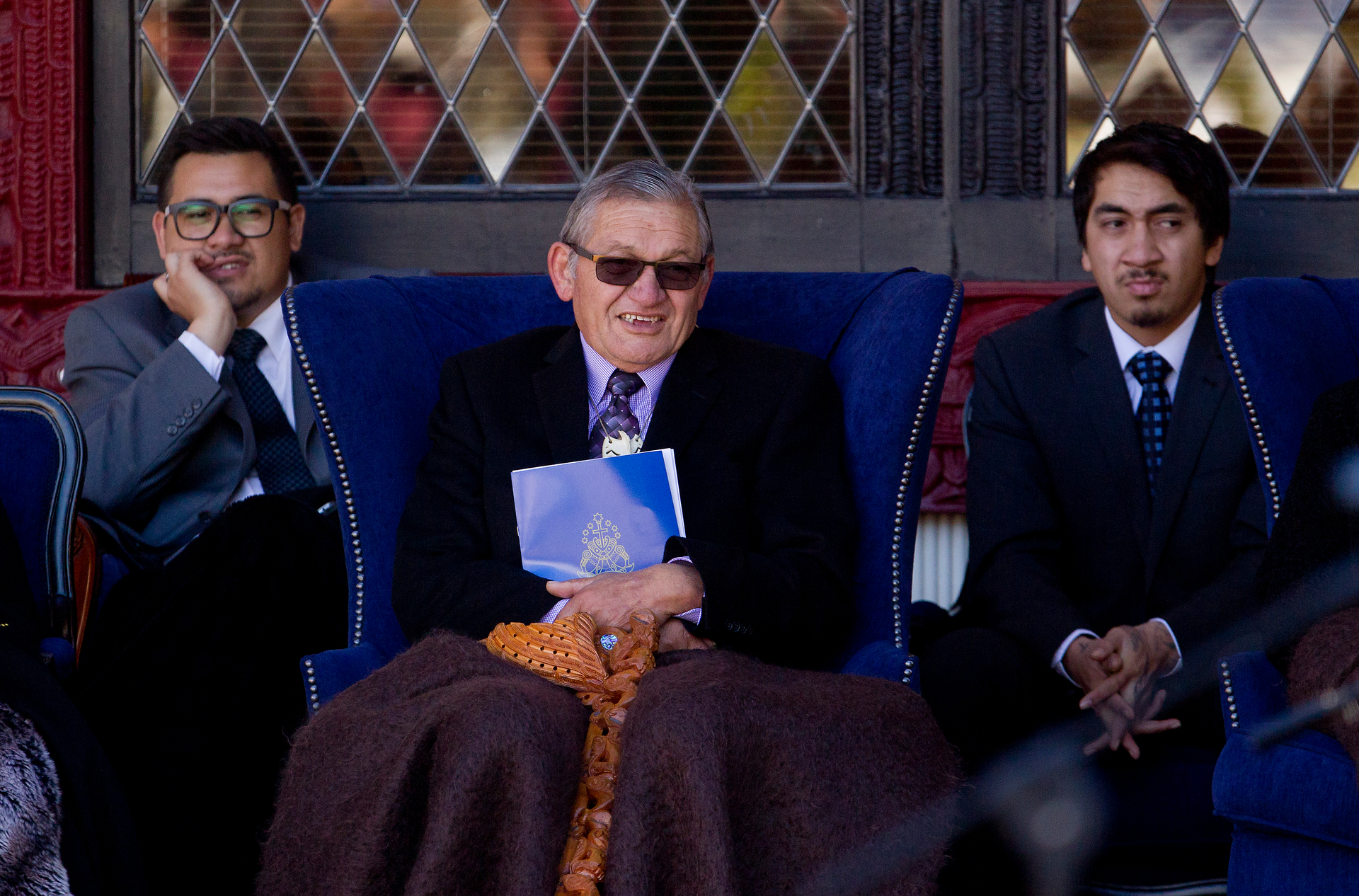 King Tūheitia at his coronation in 2014 at Turangawaewae, flanked by sons Whatumoana, left, and Korotangi Paki, right.