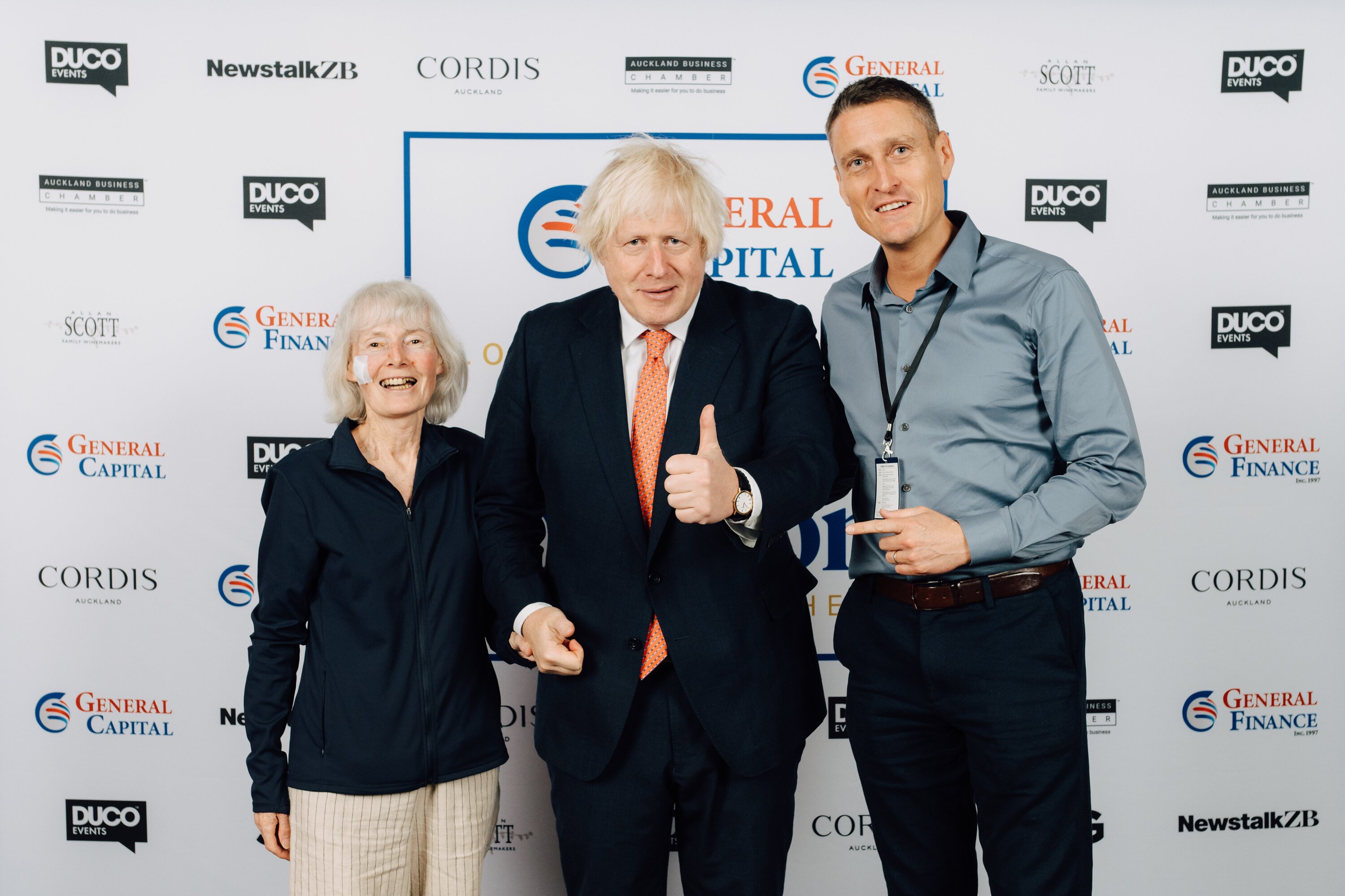 Bridget Higgins, Boris Johnson and David Higgins at the Cordis in Auckland in December.