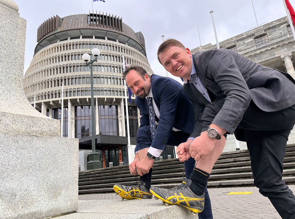 Federated Farmers board members Richard McIntyre (left) and Wayne Langford have dusted off their rugby boots for the match. Photo / Federated Farmers