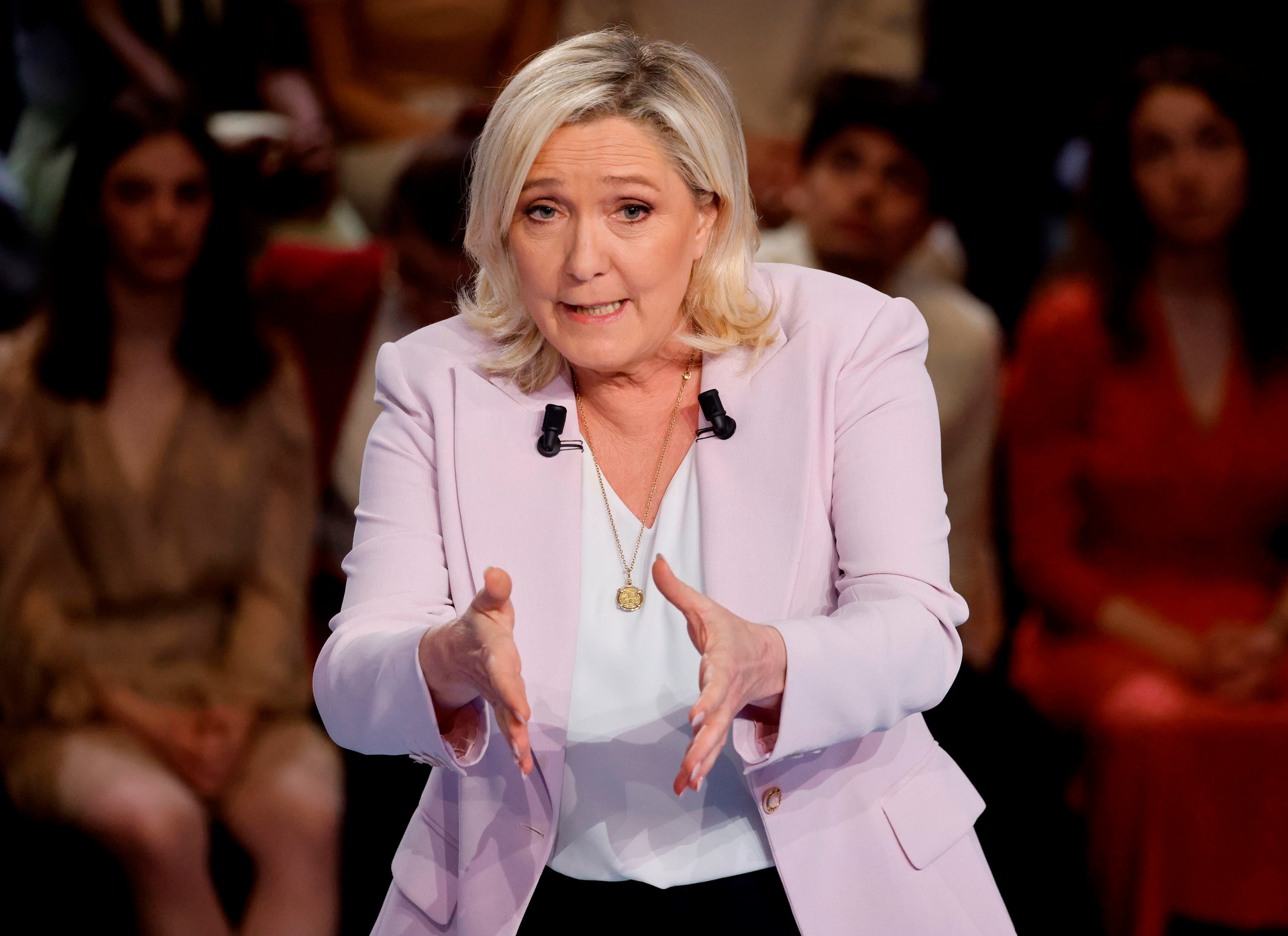 French nationalist Marine Le Pen speaks during the show France in the Face of War in Saint-Denis, north of Paris, on March 14, 2022. Photo / AP