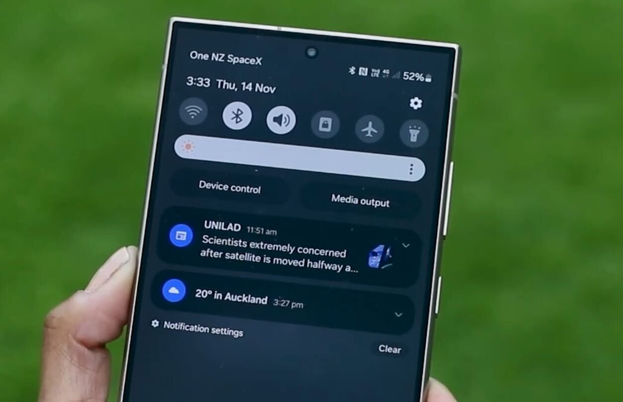 “One NZ SpaceX” appears as the network on a phone used for testing as a Starlink satellite comes into range.