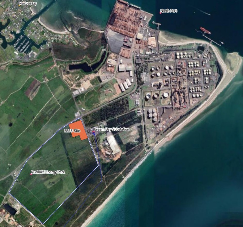 A 100 megawatt grid-connected battery - the largest in the country, will be built on land near Channel Infrastructure above, and may later be joined by a 125MW solar farm. Photo / Supplied