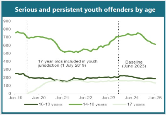 The biggest fall in the number of serious and persistent youth offenders has been in the 14-16-year-old age group, but the percentage drop for 17-year-olds has been sharper (21% versus 16%). Graphic /Oranga Tamariki