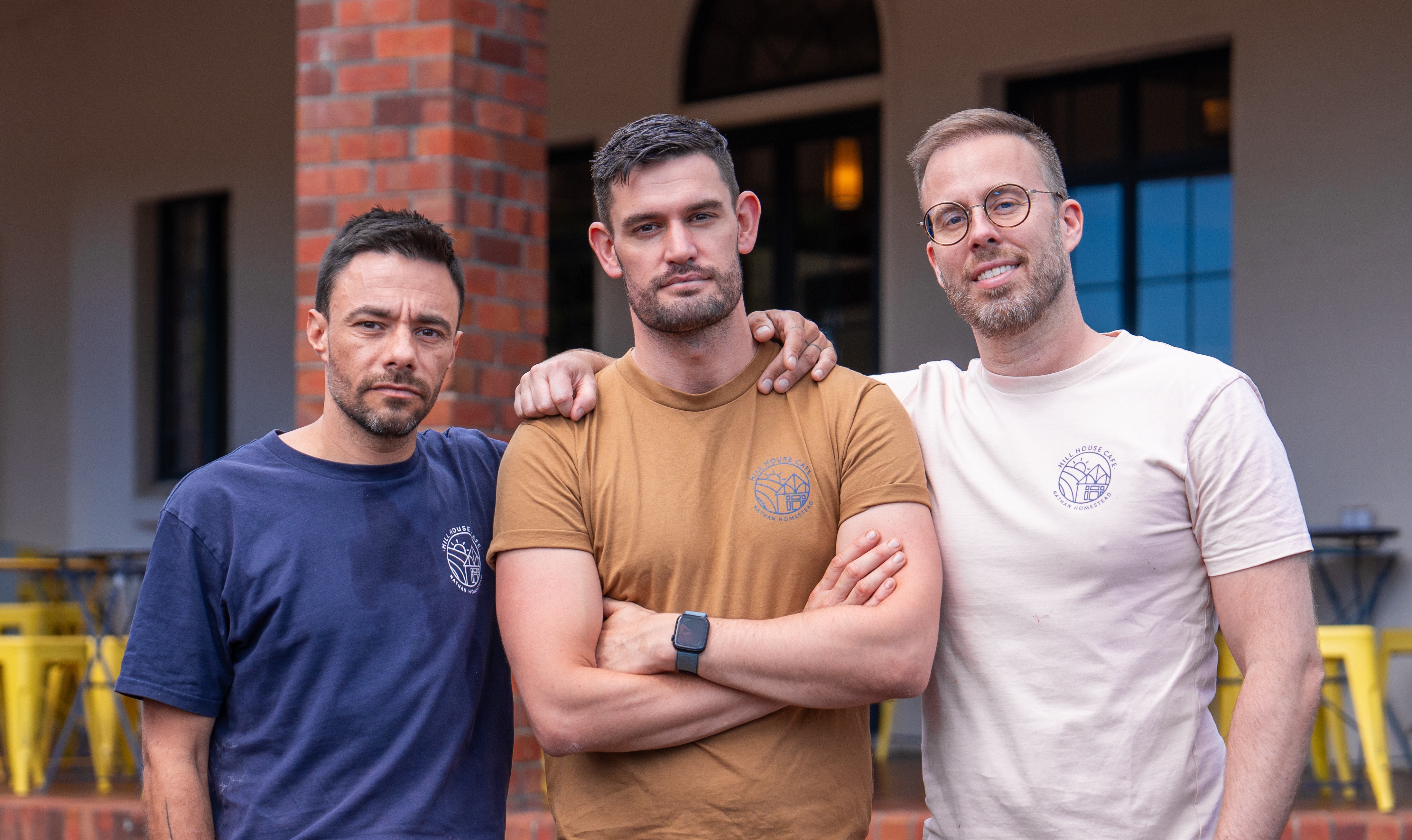 L-R: Ricardo Le Roux, Mike Sheeran and Peter Matvos, owners of Hill House Cafe, due to close in June. Photo / Ben Dickens