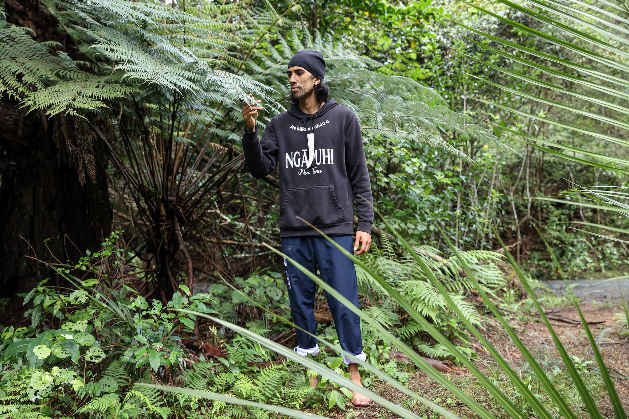 Far North man Nikau Munroe-Rawiri, who used rongoā Māori to overcome anxiety and mental health issues, looks for some of the natural ingredients in the forest. Photo / Shane Wenzlick / Phototek
