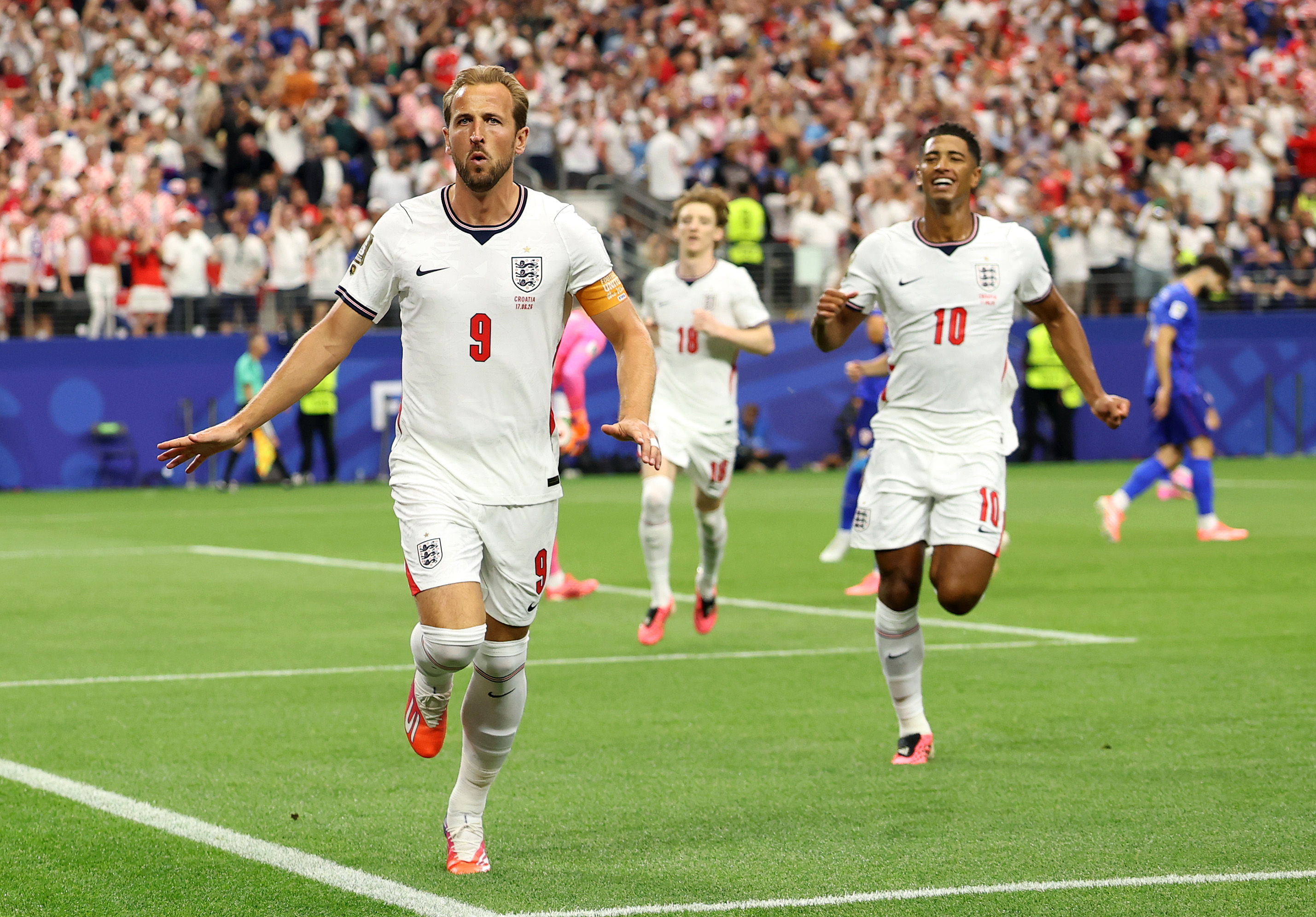 Harry Kane of England celebrates after scoring a penalty for his team's first goal against Croatia. Photo / Getty Images